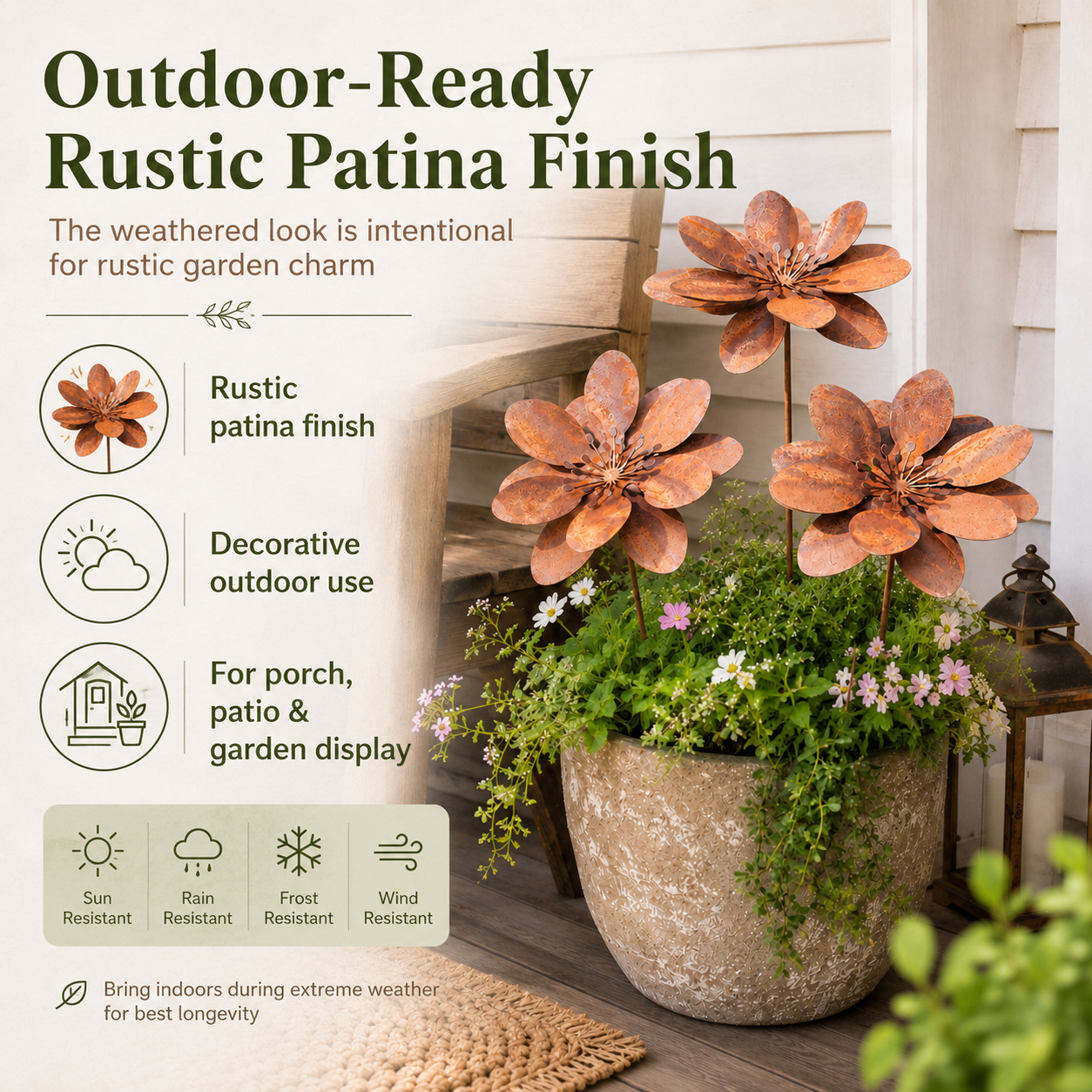 Set of 3 Rustic Metal 3D Floral Garden Stakes