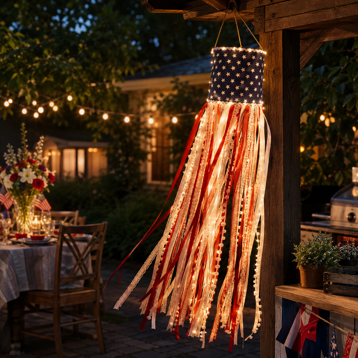 Lighted Patriotic Ribbon Windsock Hanging Decor