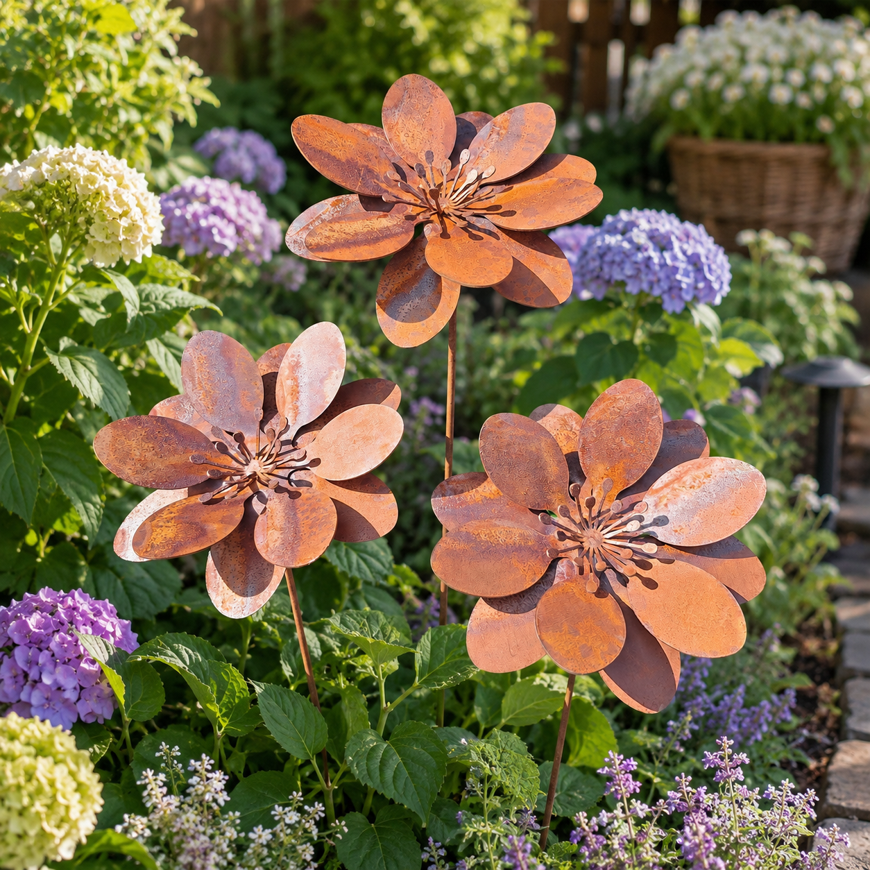 Set of 3 Rustic Metal 3D Floral Garden Stakes