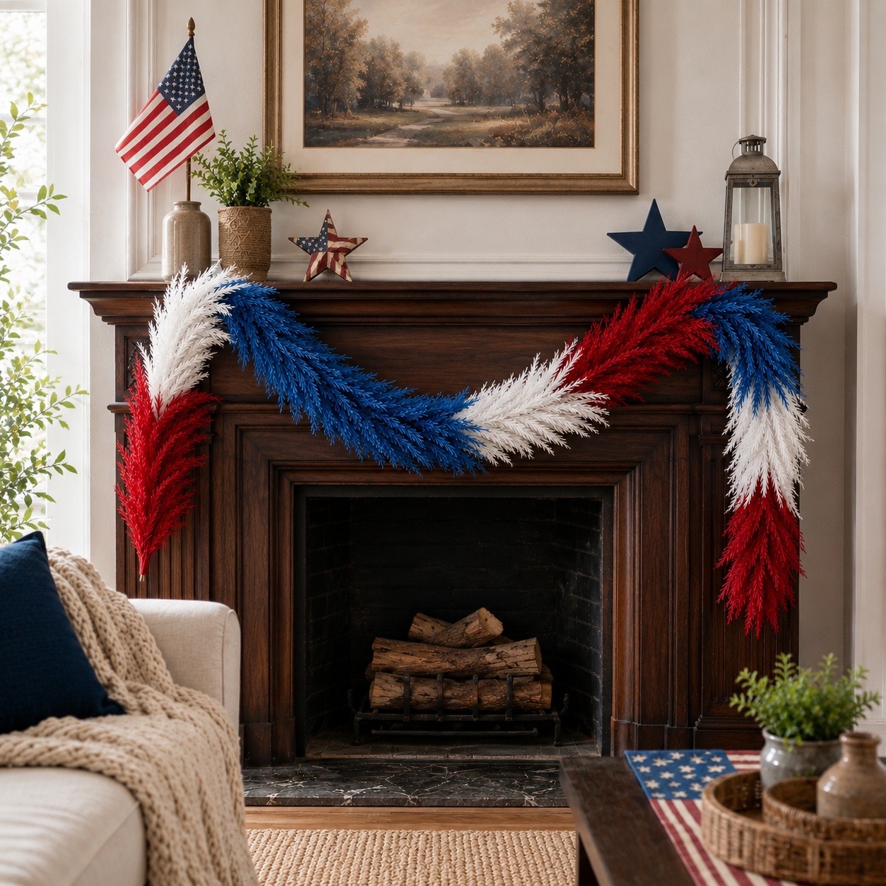 Full & Fluffy Red White & Blue Reed Garland