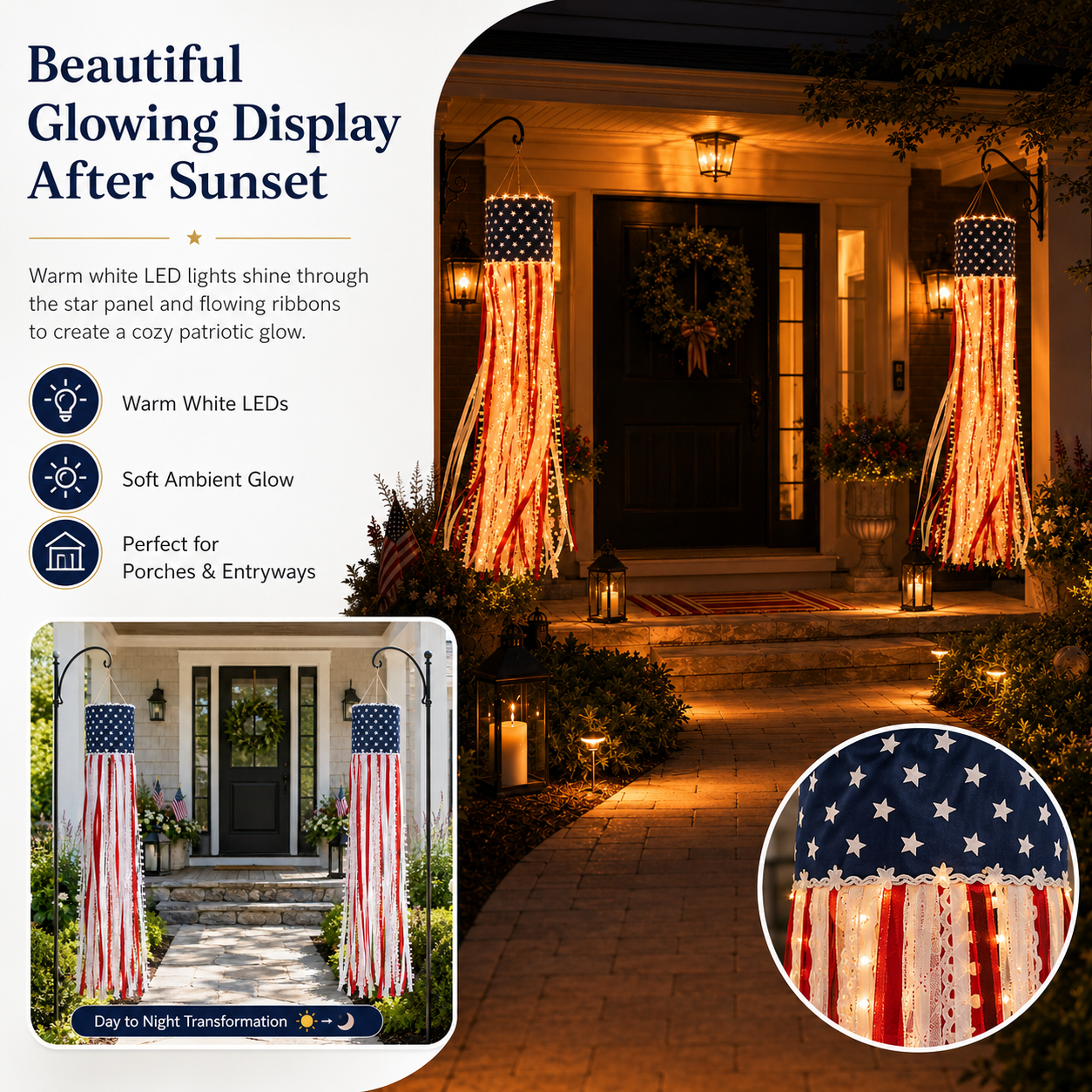 Lighted Patriotic Ribbon Windsock Hanging Decor