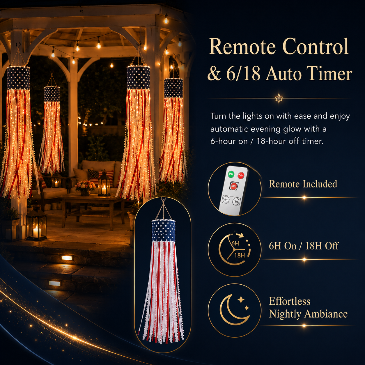 Lighted Patriotic Ribbon Windsock Hanging Decor
