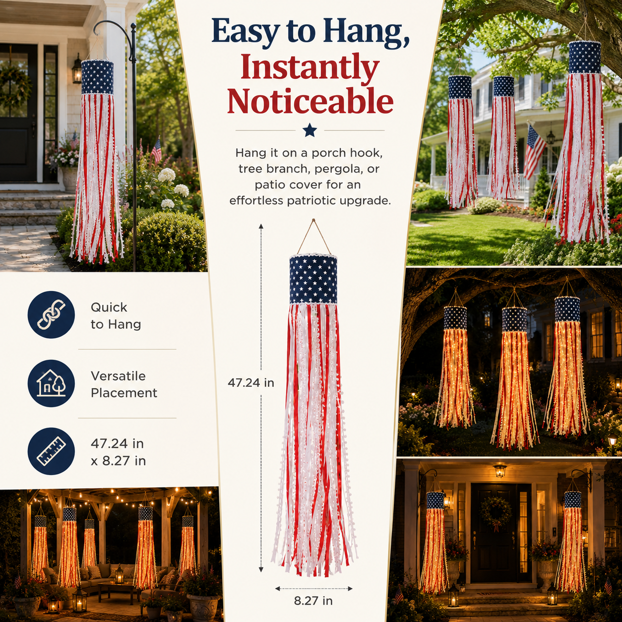 Lighted Patriotic Ribbon Windsock Hanging Decor