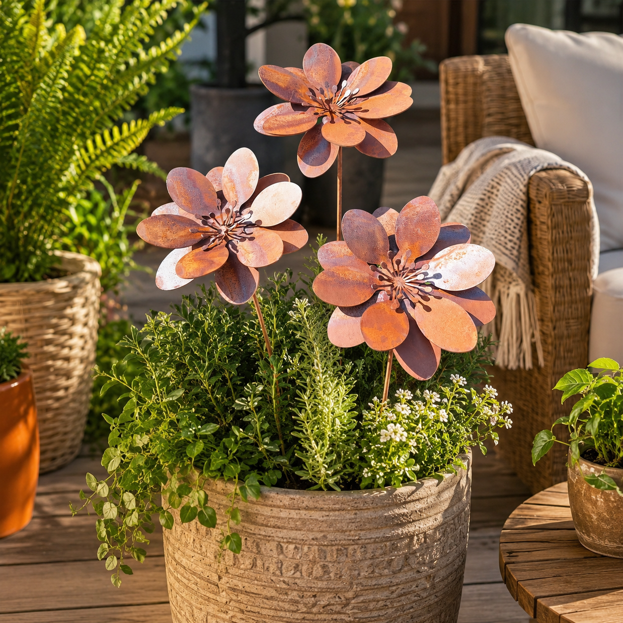 Set of 3 Rustic Metal 3D Floral Garden Stakes