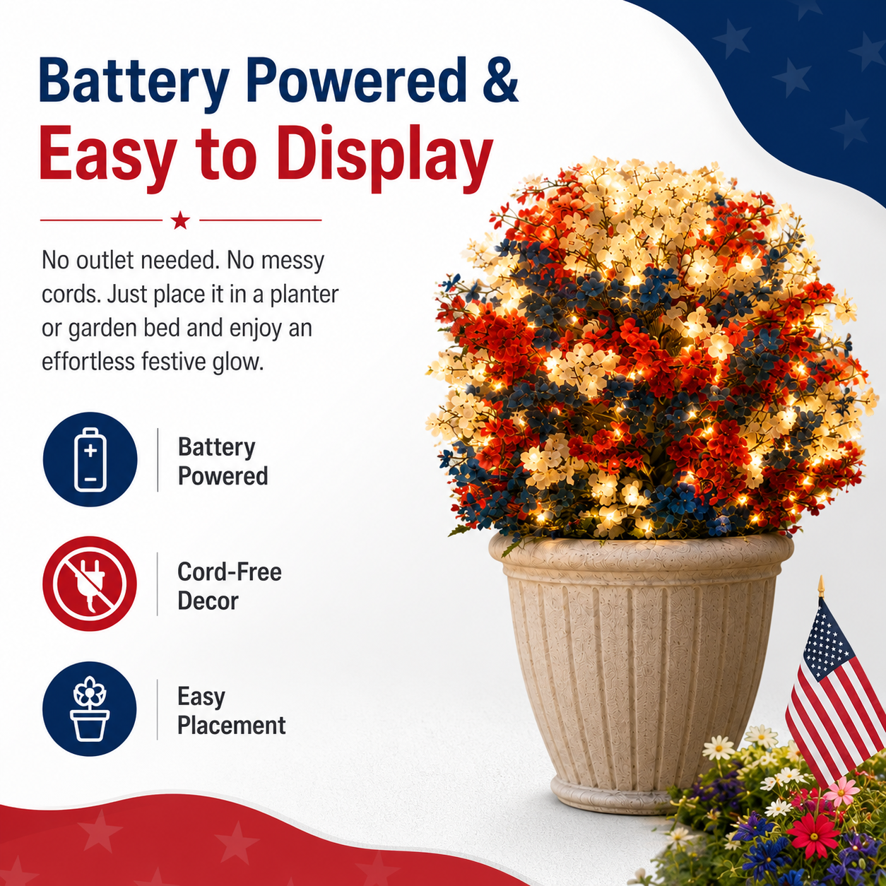 Lighted Patriotic Artificial Flower Garden Stakes