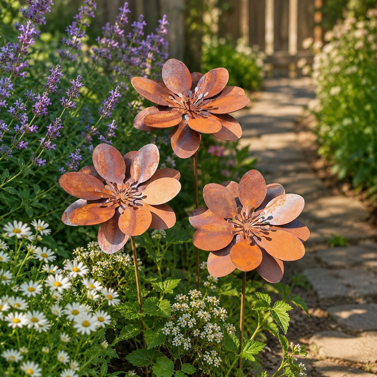 Set of 3 Rustic Metal 3D Floral Garden Stakes