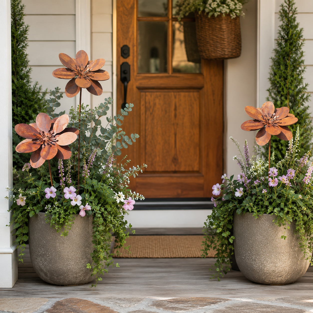 Set of 3 Rustic Metal 3D Floral Garden Stakes