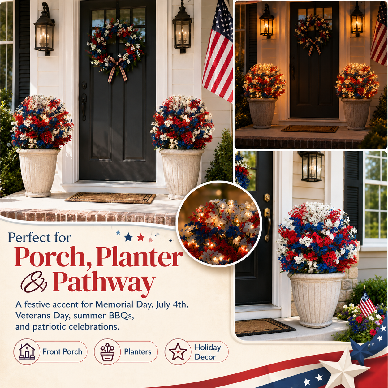 Lighted Patriotic Artificial Flower Garden Stakes