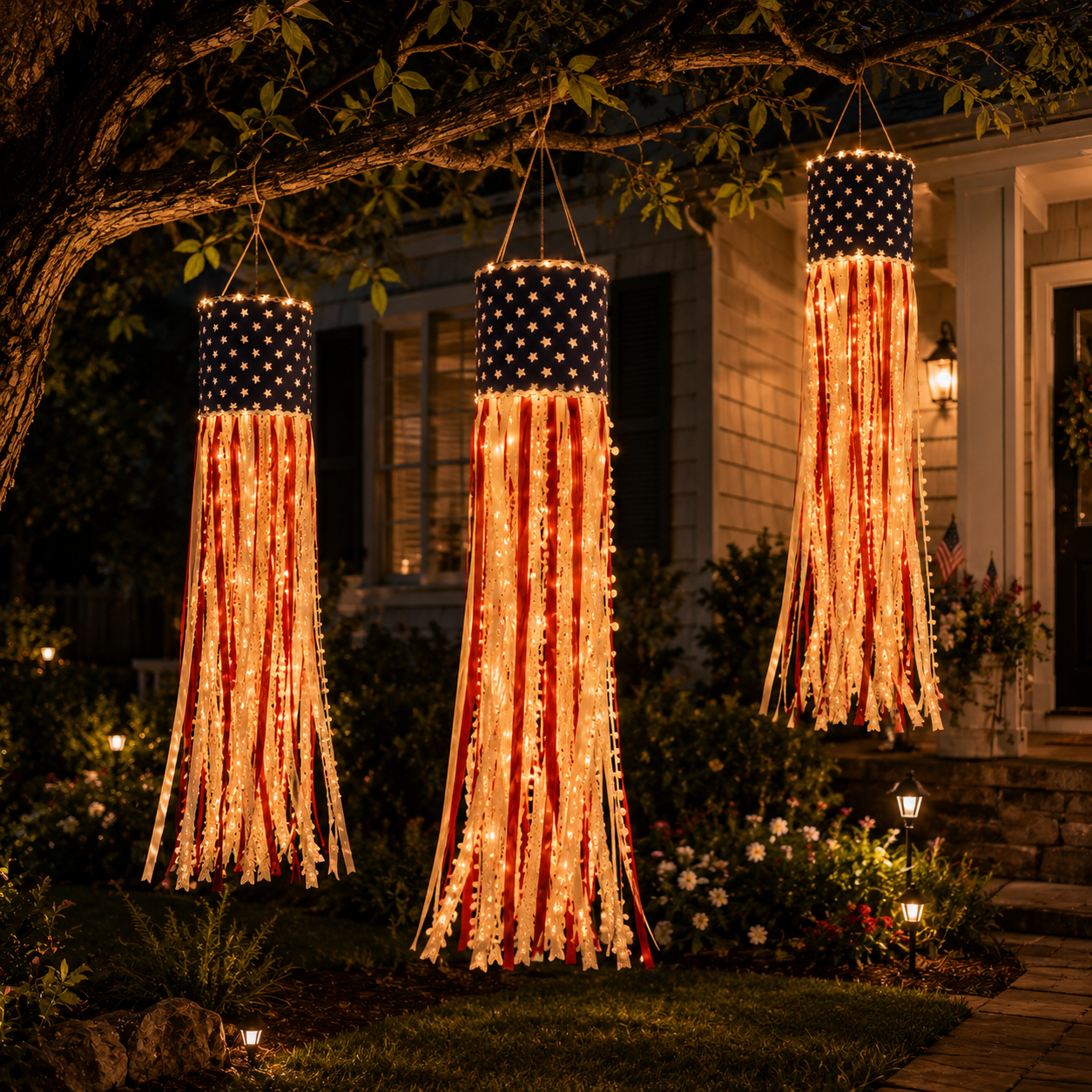 Lighted Patriotic Ribbon Windsock Hanging Decor