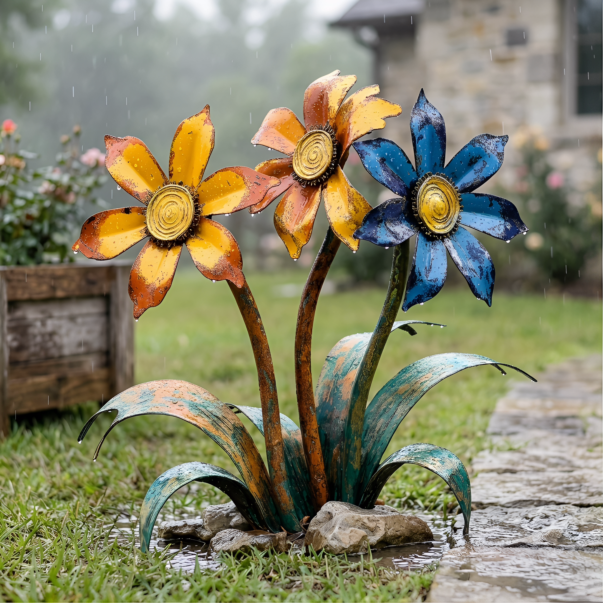 Handcrafted Rustic Metal Flower Garden Stakes