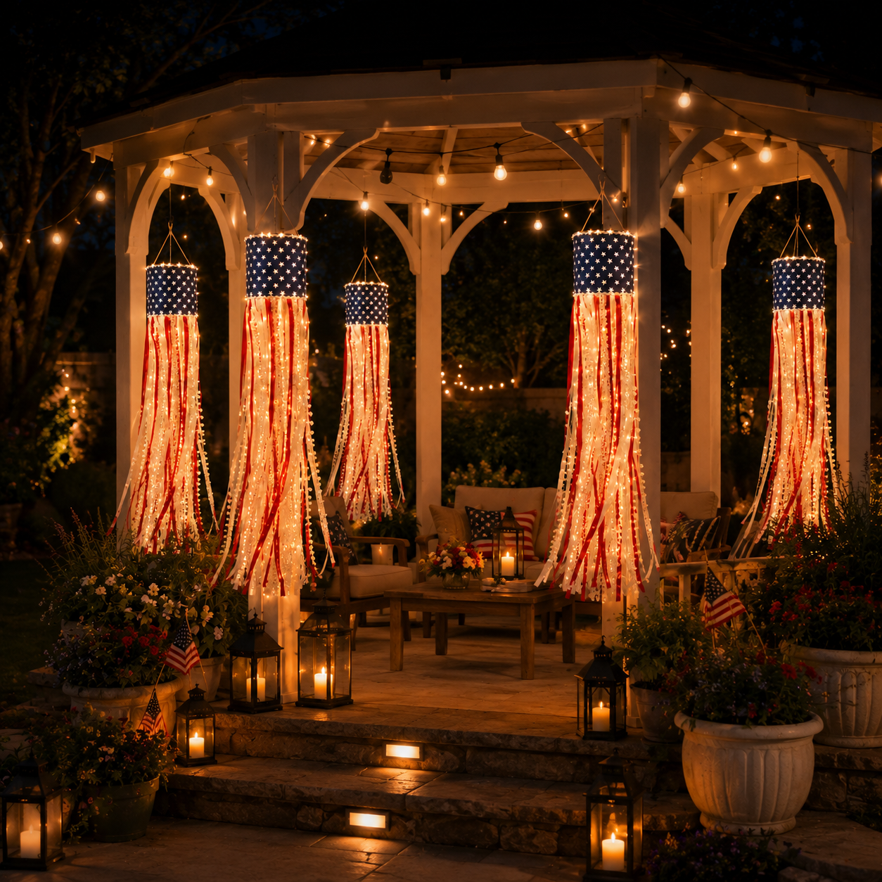 Lighted Patriotic Ribbon Windsock Hanging Decor