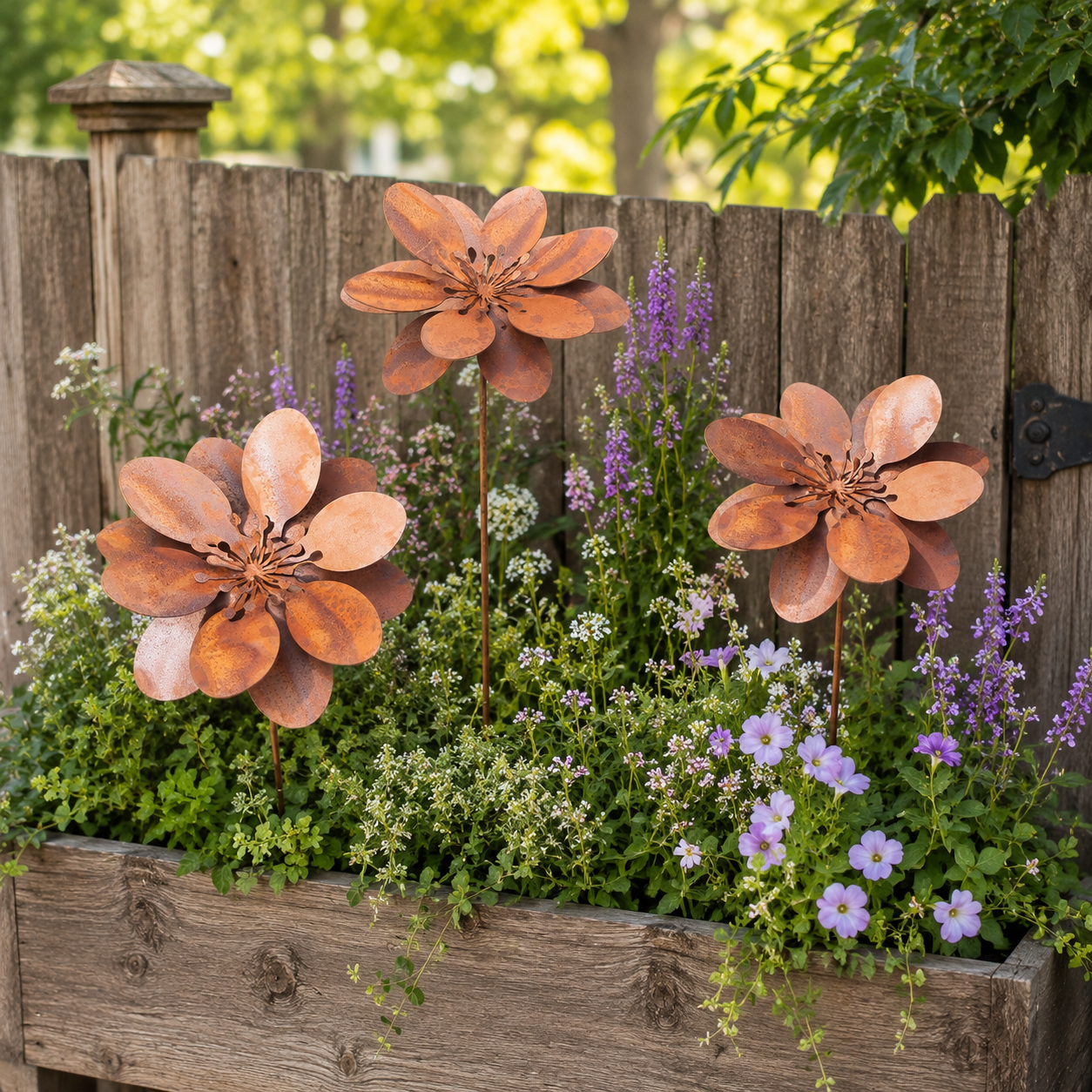 Set of 3 Rustic Metal 3D Floral Garden Stakes