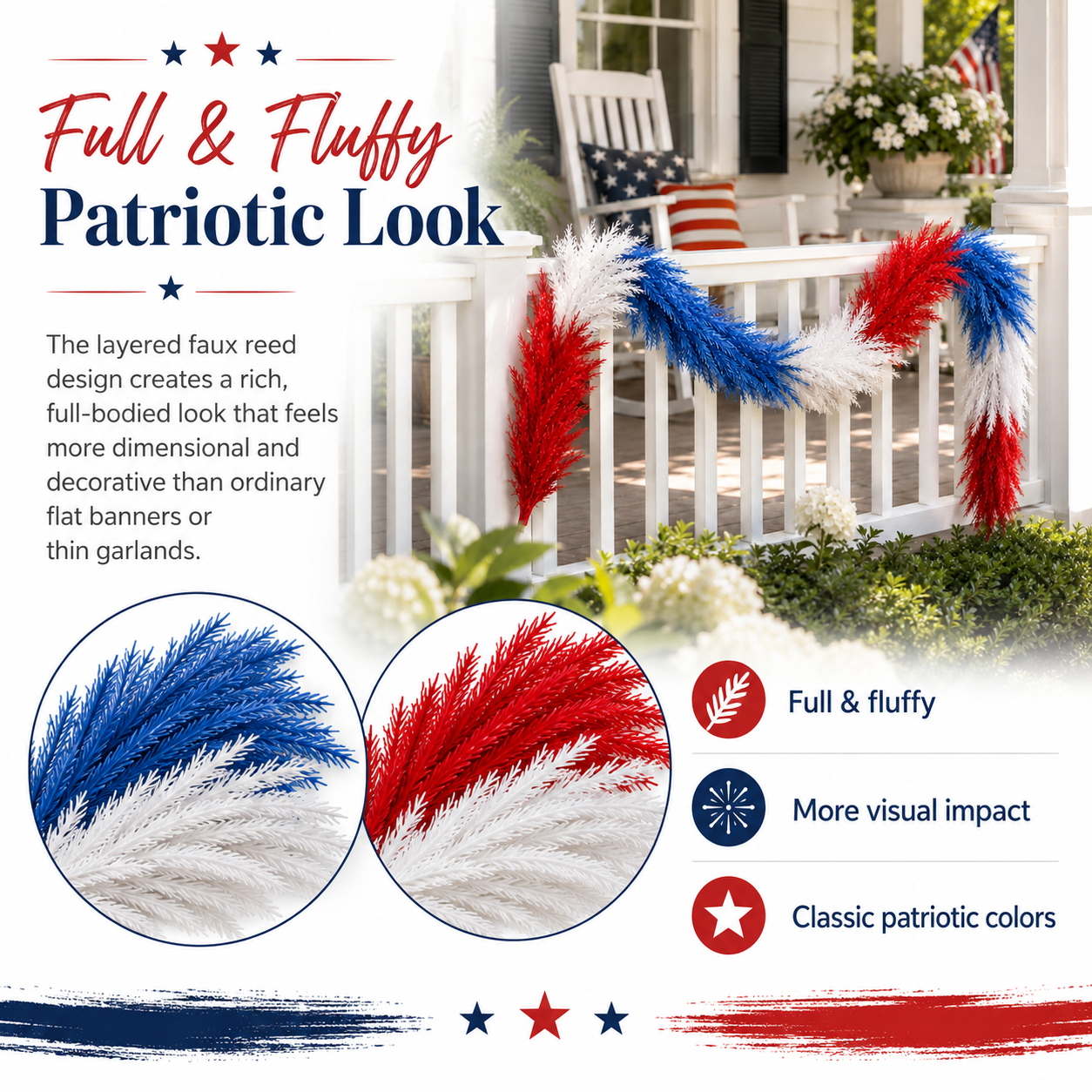 Full & Fluffy Red White & Blue Reed Garland