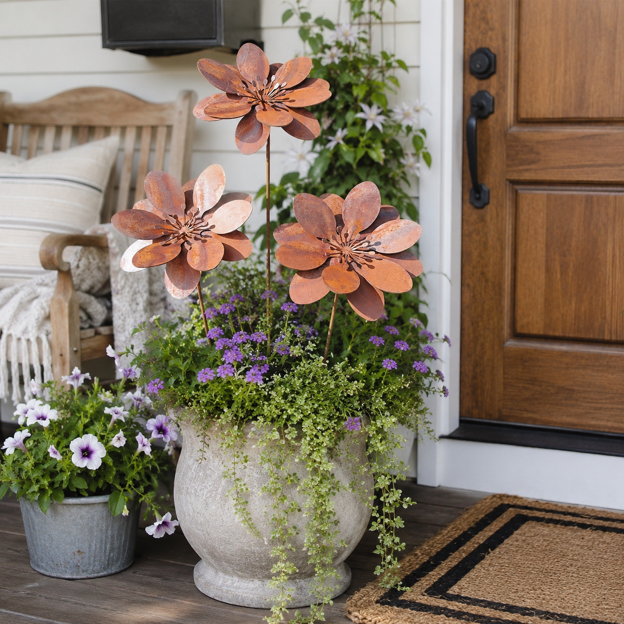 Set of 3 Rustic Metal 3D Floral Garden Stakes