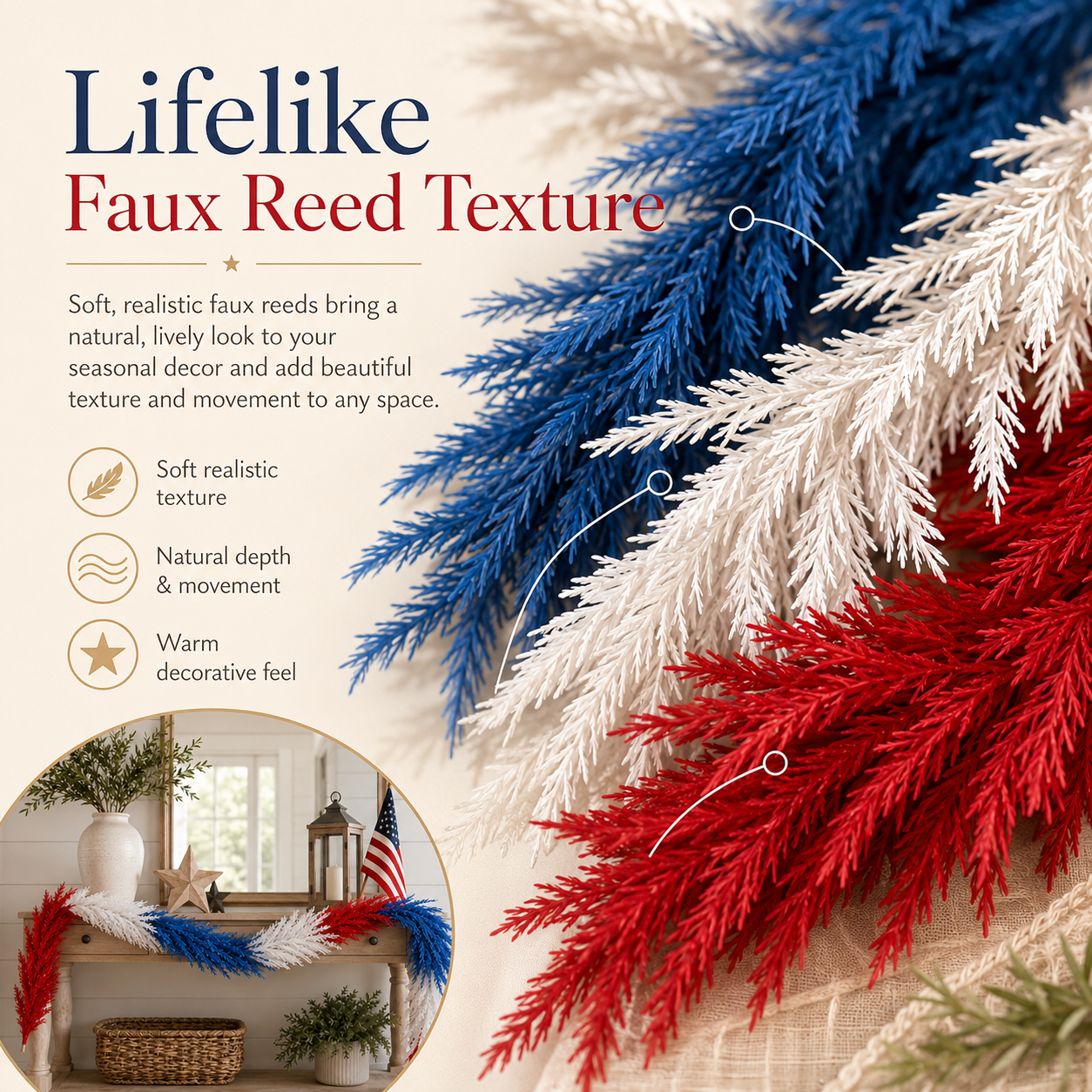 Full & Fluffy Red White & Blue Reed Garland
