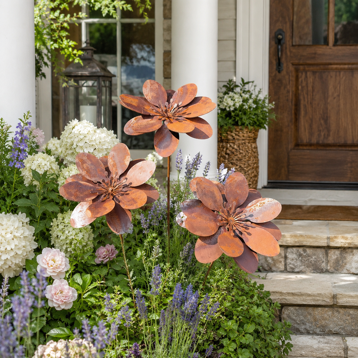 Set of 3 Rustic Metal 3D Floral Garden Stakes