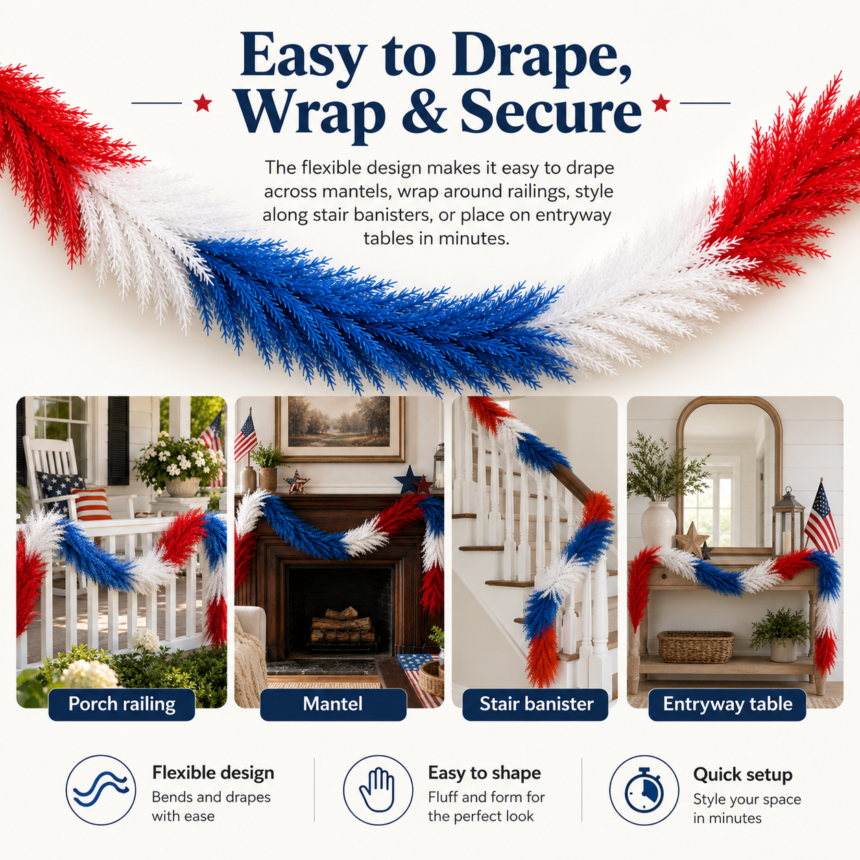 Full & Fluffy Red White & Blue Reed Garland