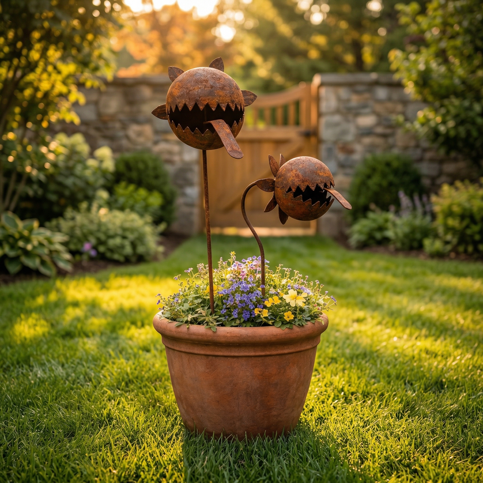 Rustic Metal Piranha Plant Garden Stake Set – Whimsical Outdoor Garden Décor