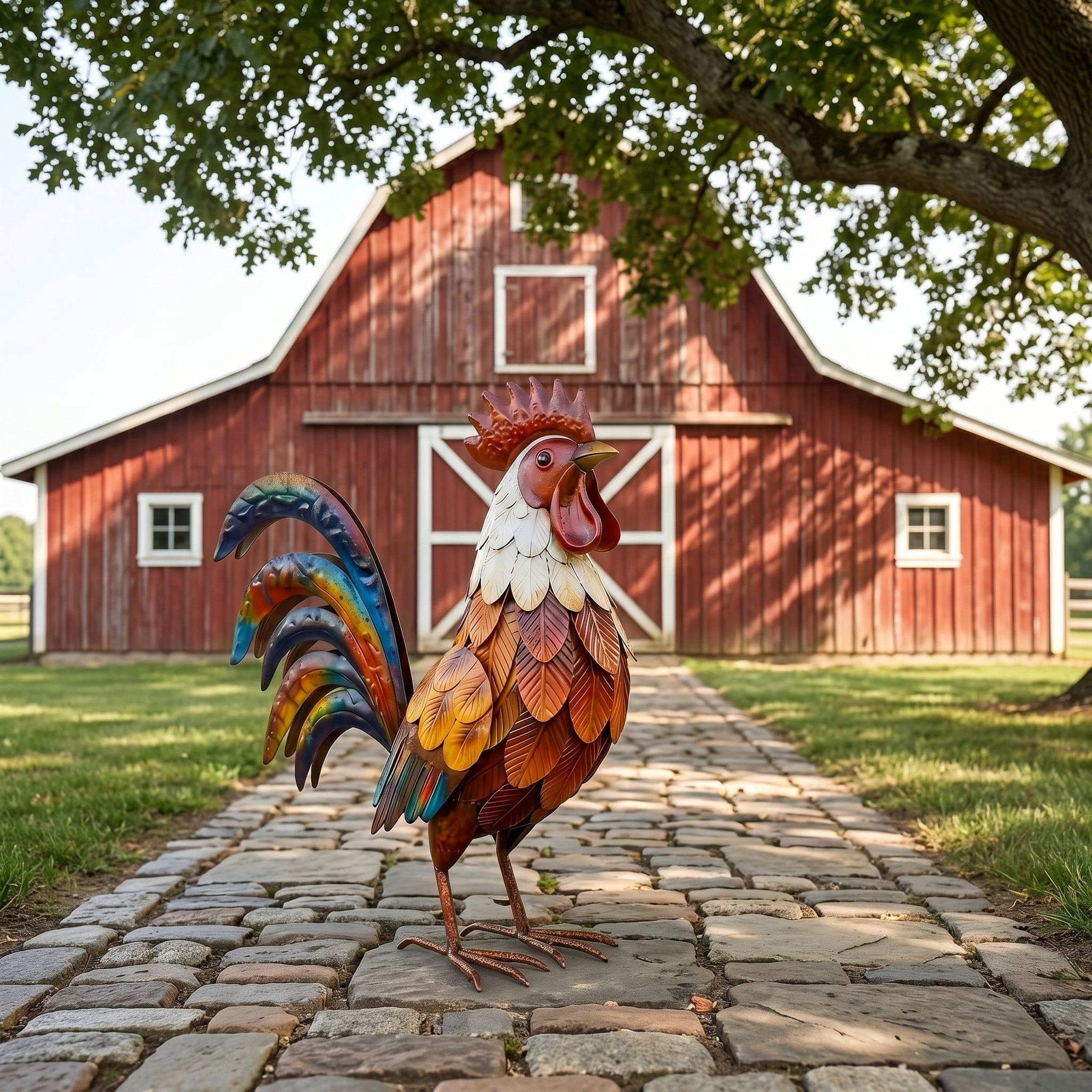 Colourful Rustic Iron Rooster | Farmhouse Garden Sculpture & Outdoor Ornament
