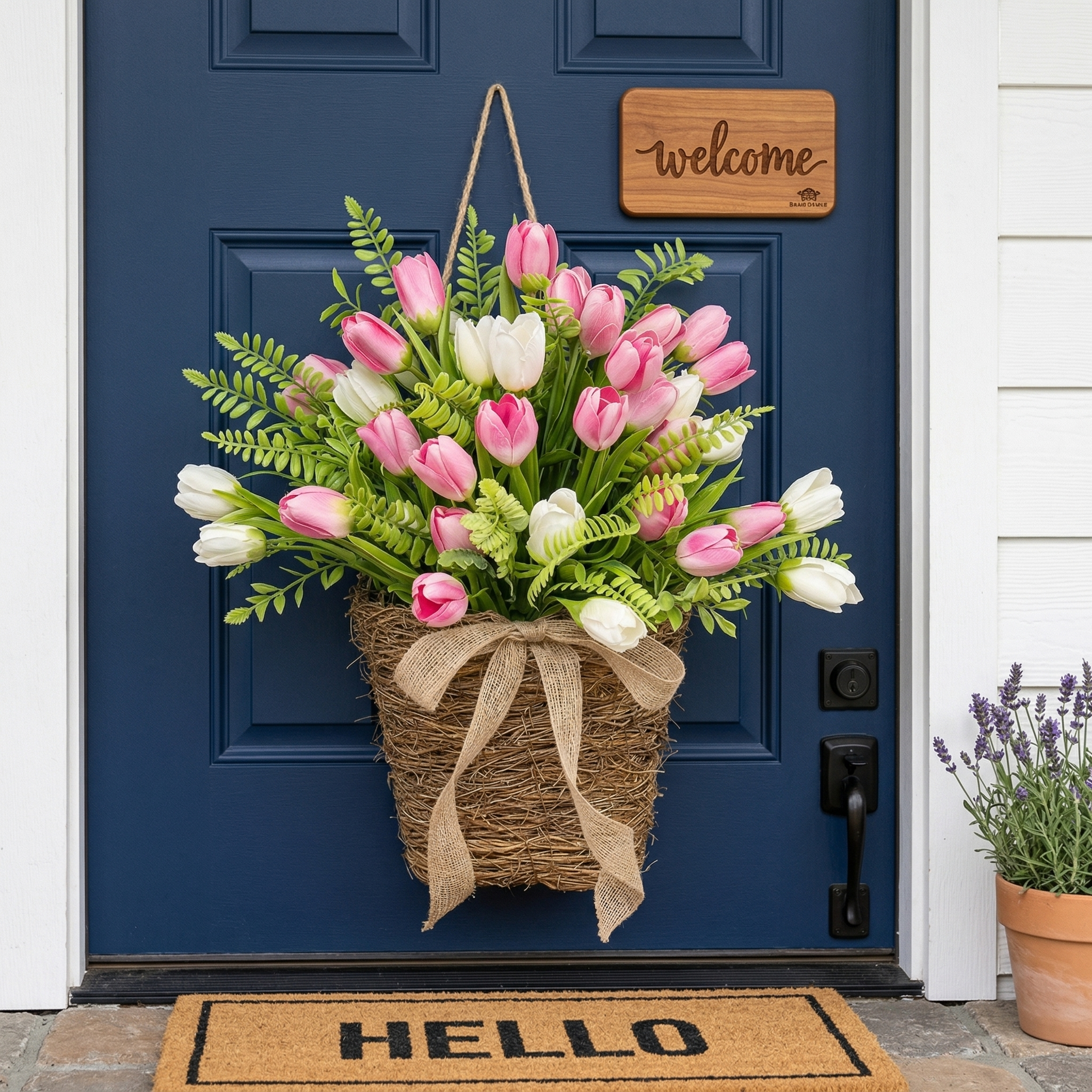 Spring Faux Tulip Hanging Basket for Front Door, Porch & Entryway Decor
