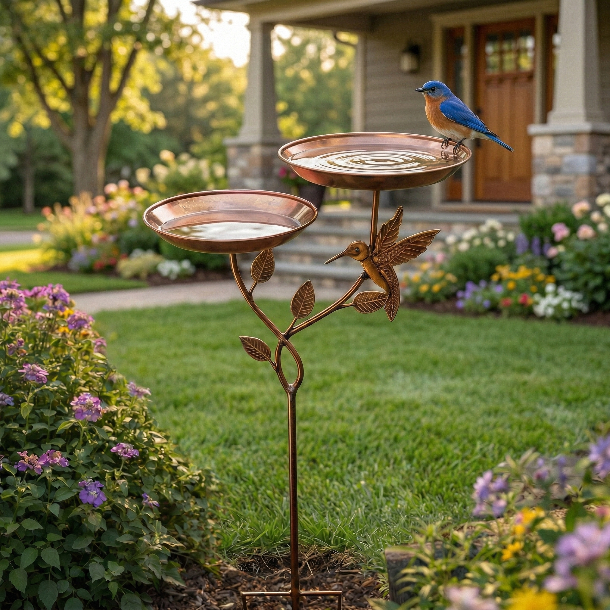 Copper Bird Bath & Feeder Stake with Hummingbird Design