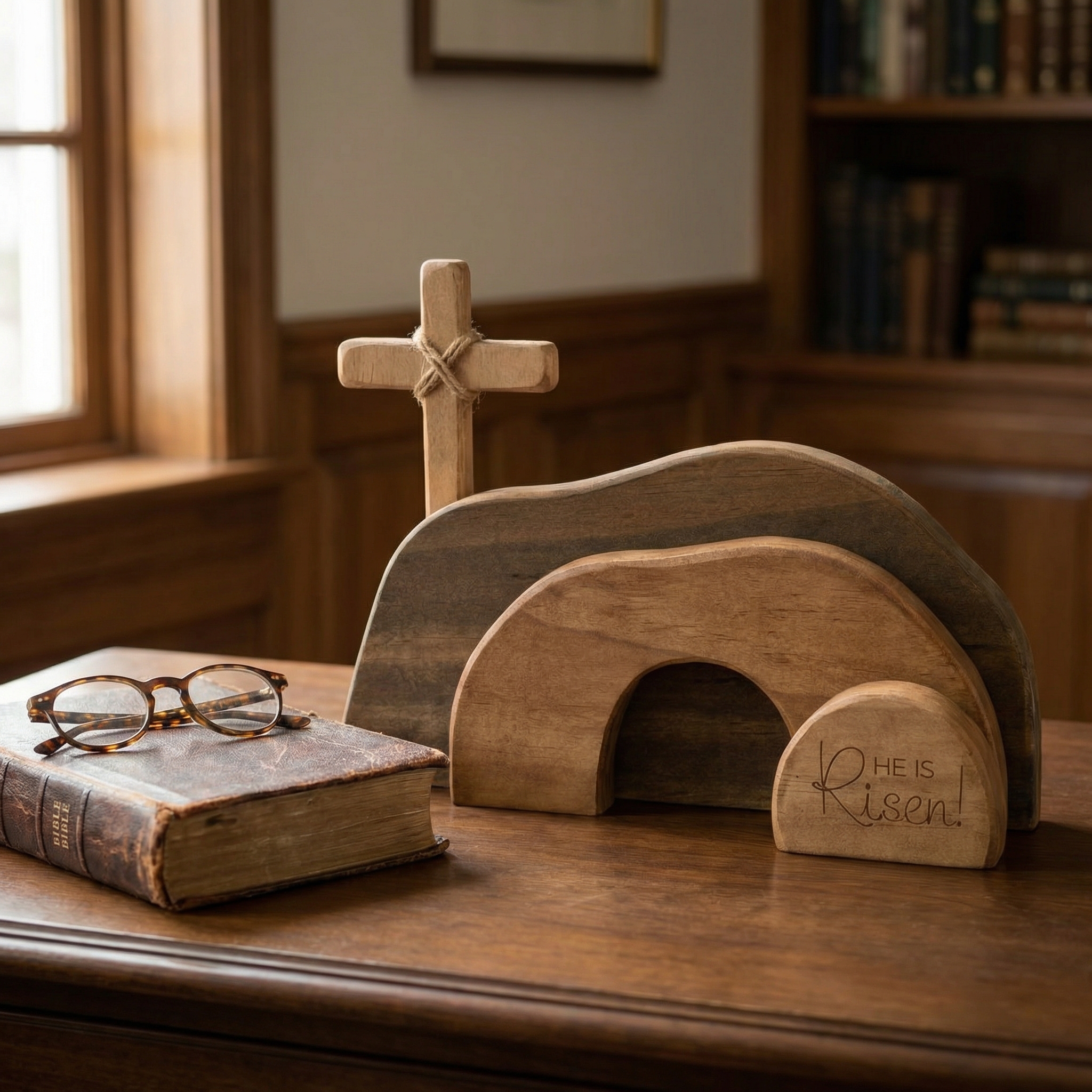 He Is Risen Wooden Cross & Empty Tomb Display