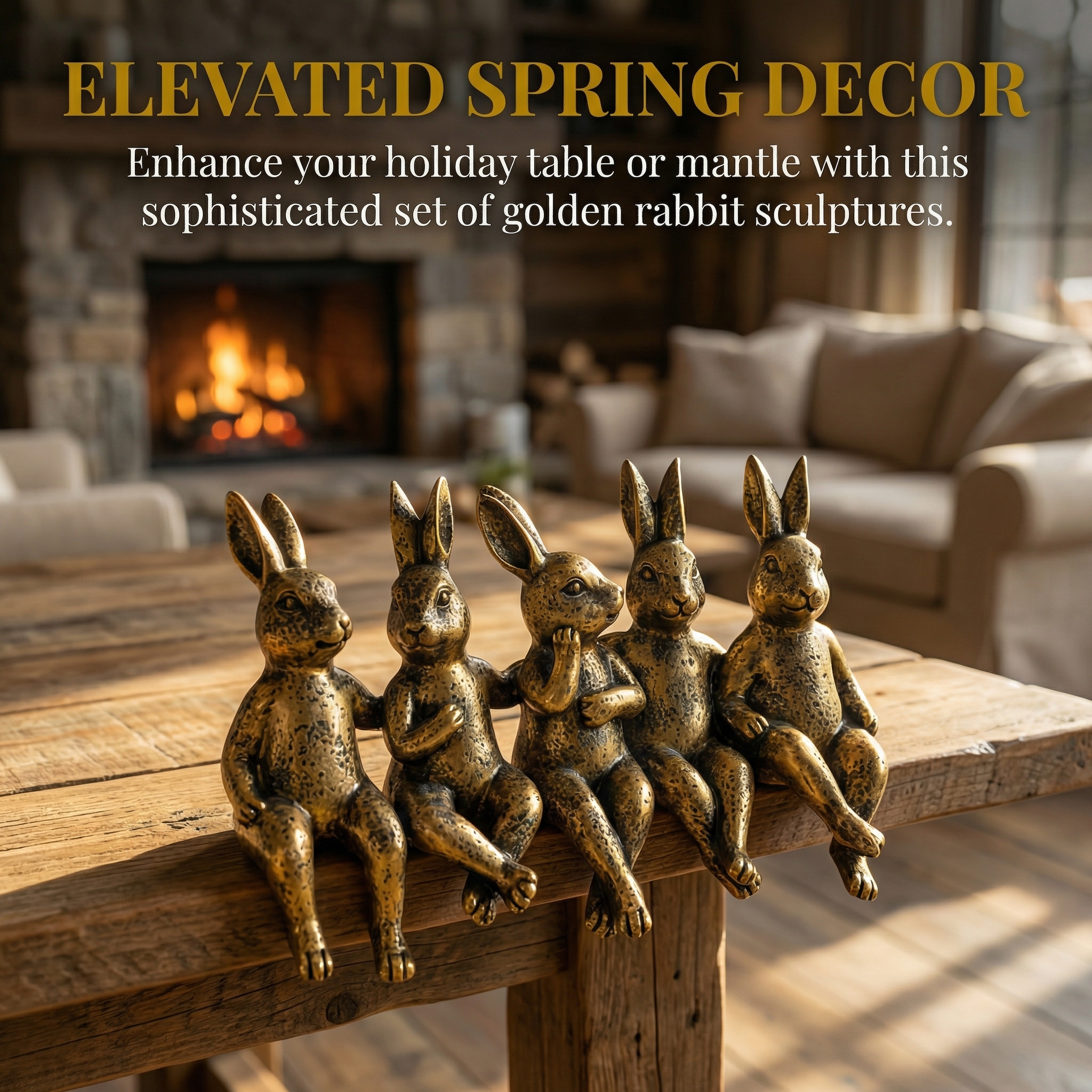 Vintage Golden Sitting Bunny Figurines – Set of 5 Easter Table Edge Decor