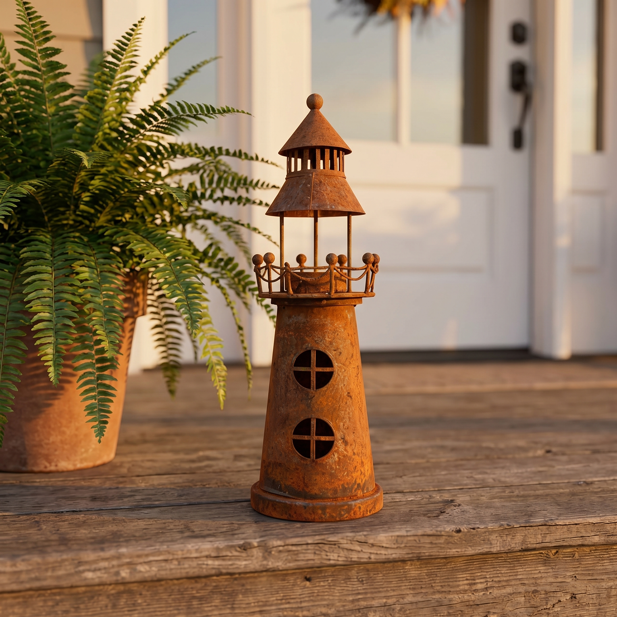The Shoreline Beacon: Vintage Rusted Iron Lighthouse Candle Holder