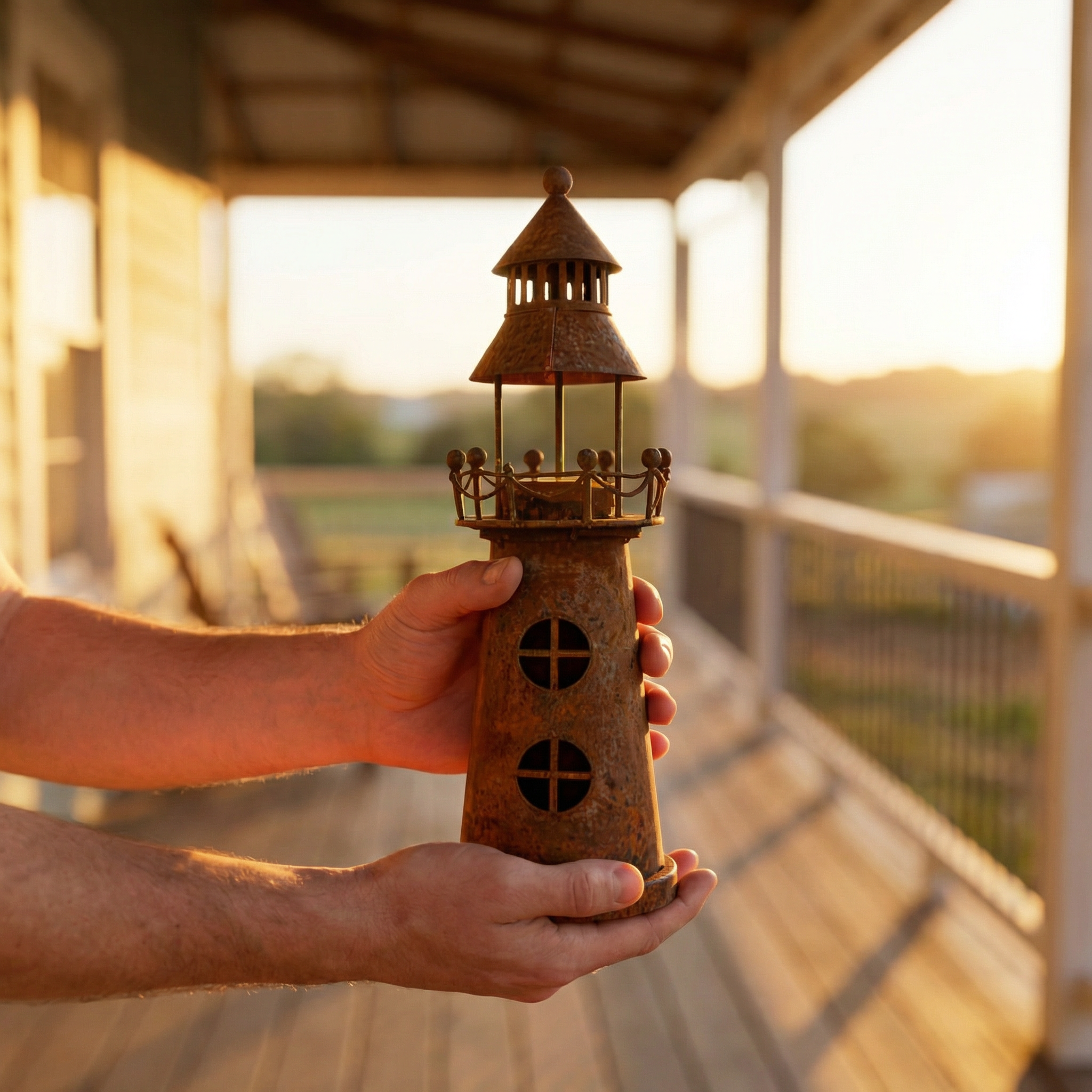 The Shoreline Beacon: Vintage Rusted Iron Lighthouse Candle Holder