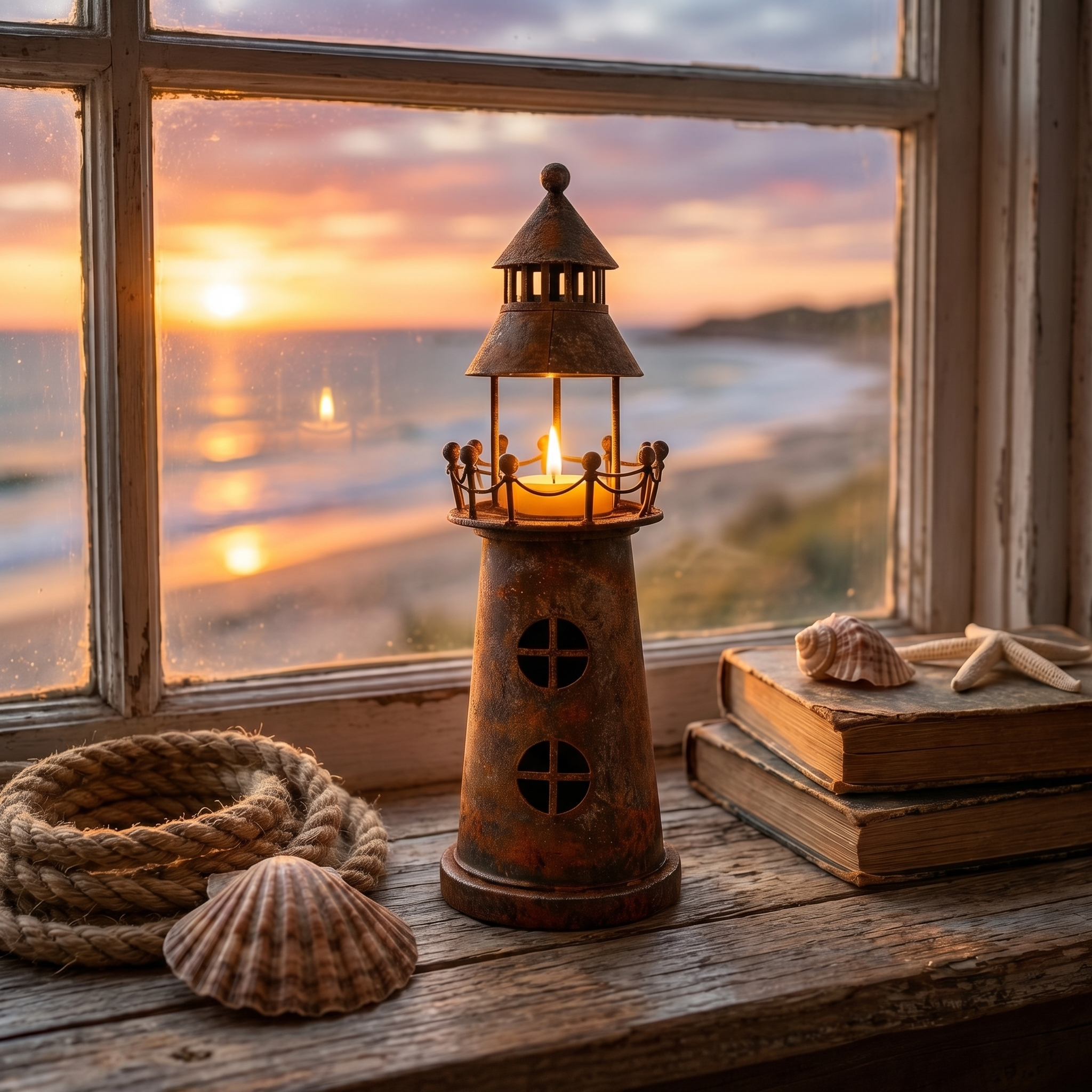 The Shoreline Beacon: Vintage Rusted Iron Lighthouse Candle Holder