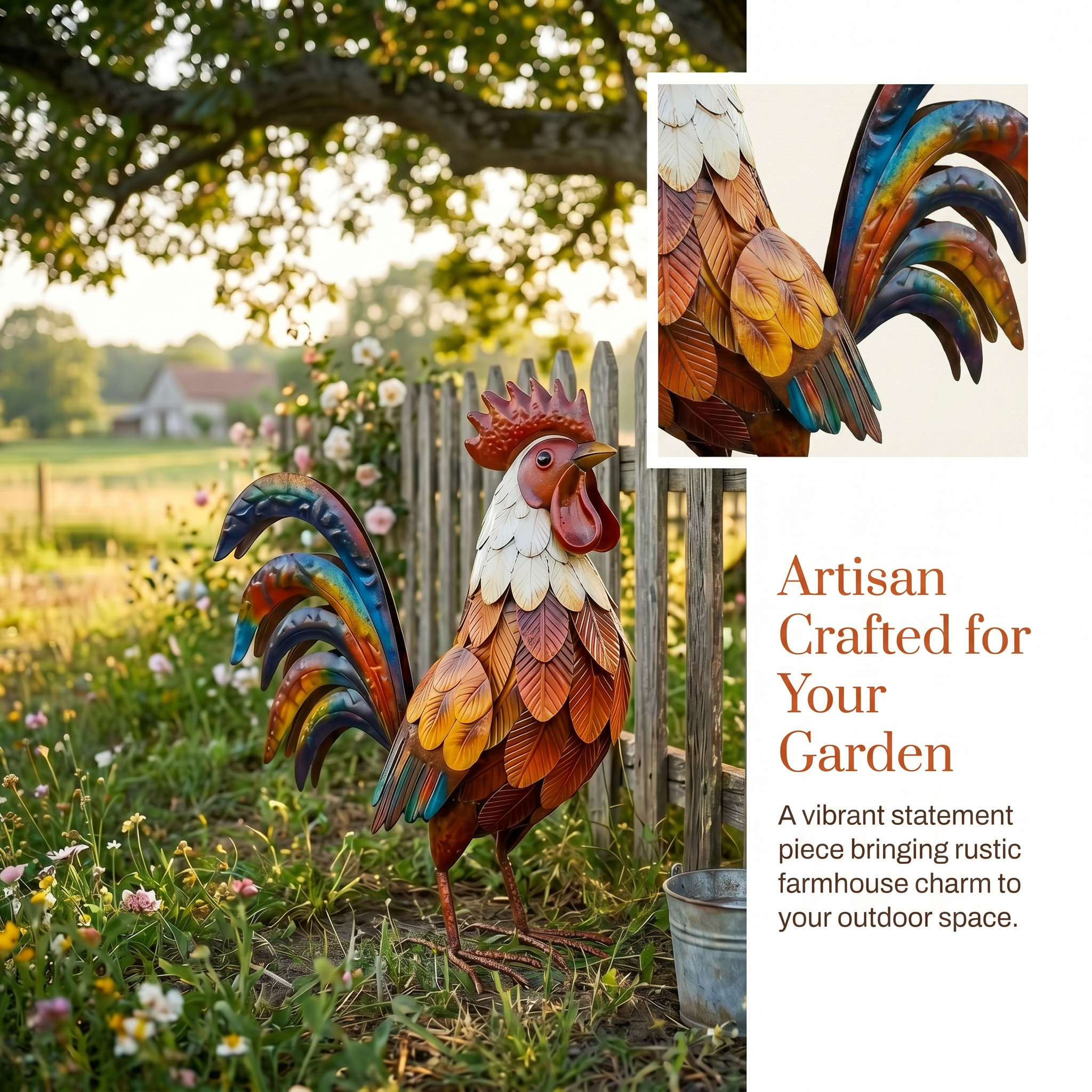 Colourful Rustic Iron Rooster | Farmhouse Garden Sculpture & Outdoor Ornament