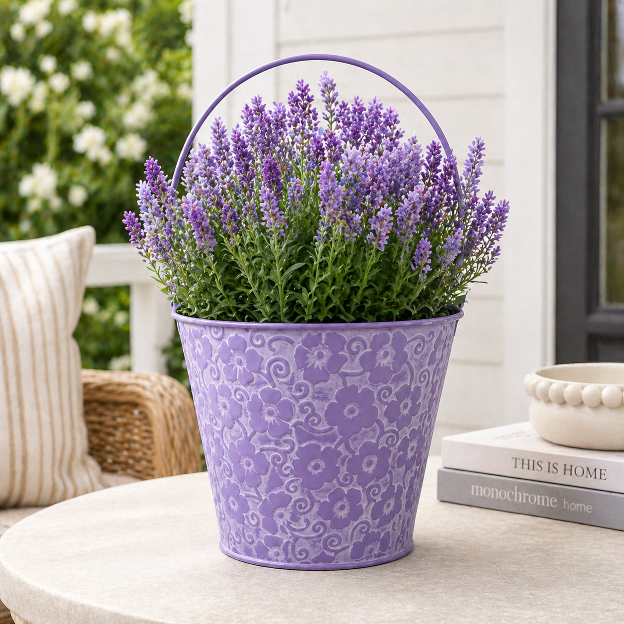Vintage Floral Embossed Metal Bucket Planter
