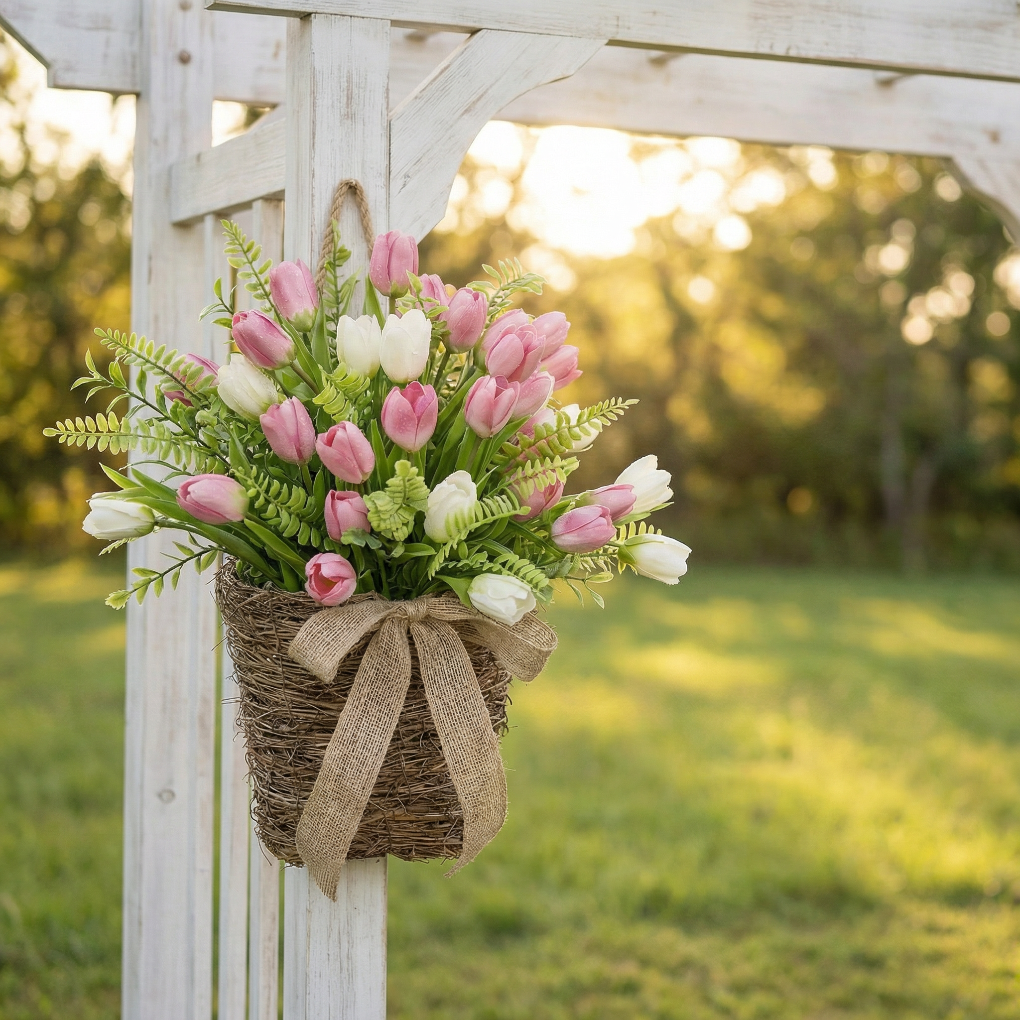 Spring Faux Tulip Hanging Basket for Front Door, Porch & Entryway Decor