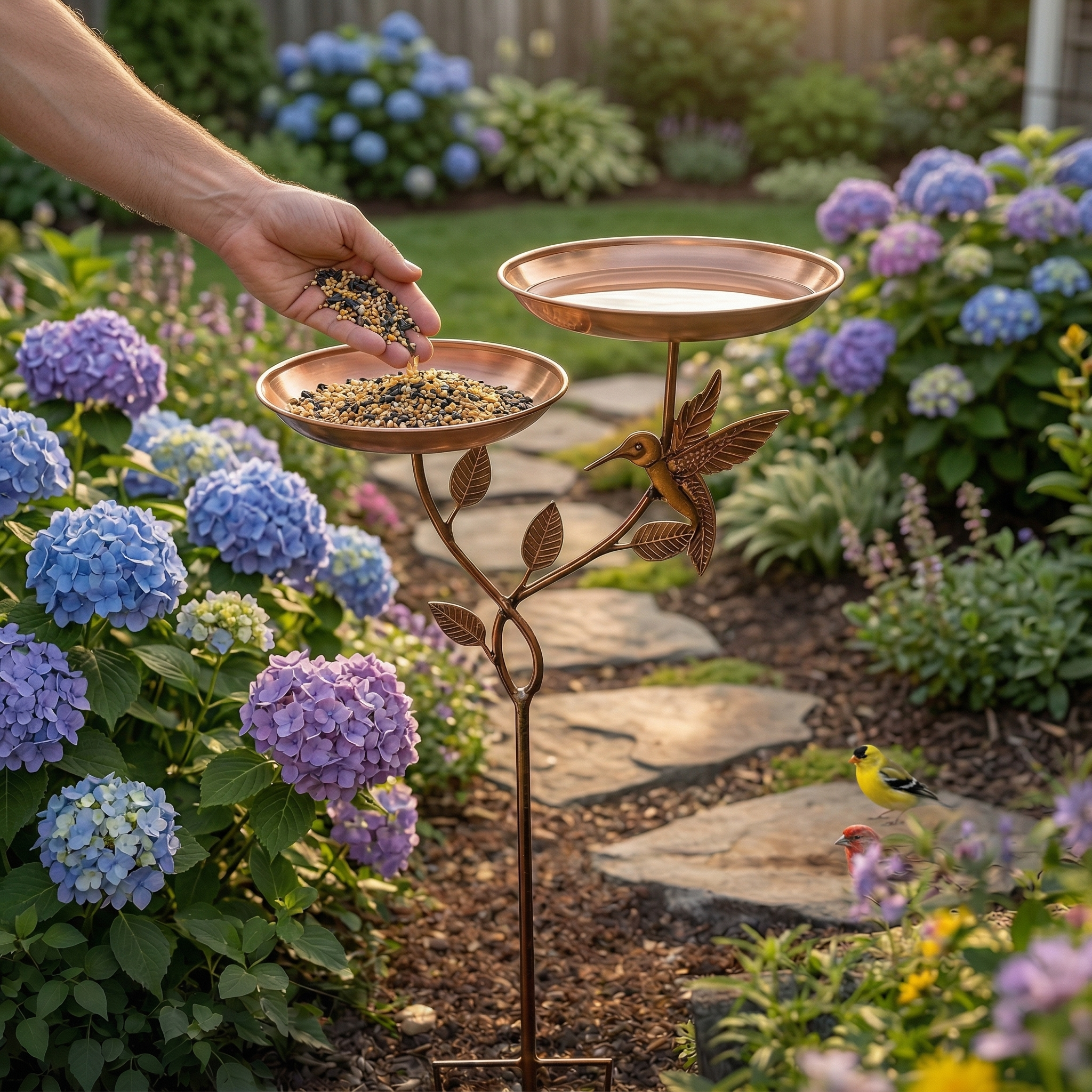 Copper Bird Bath & Feeder Stake with Hummingbird Design