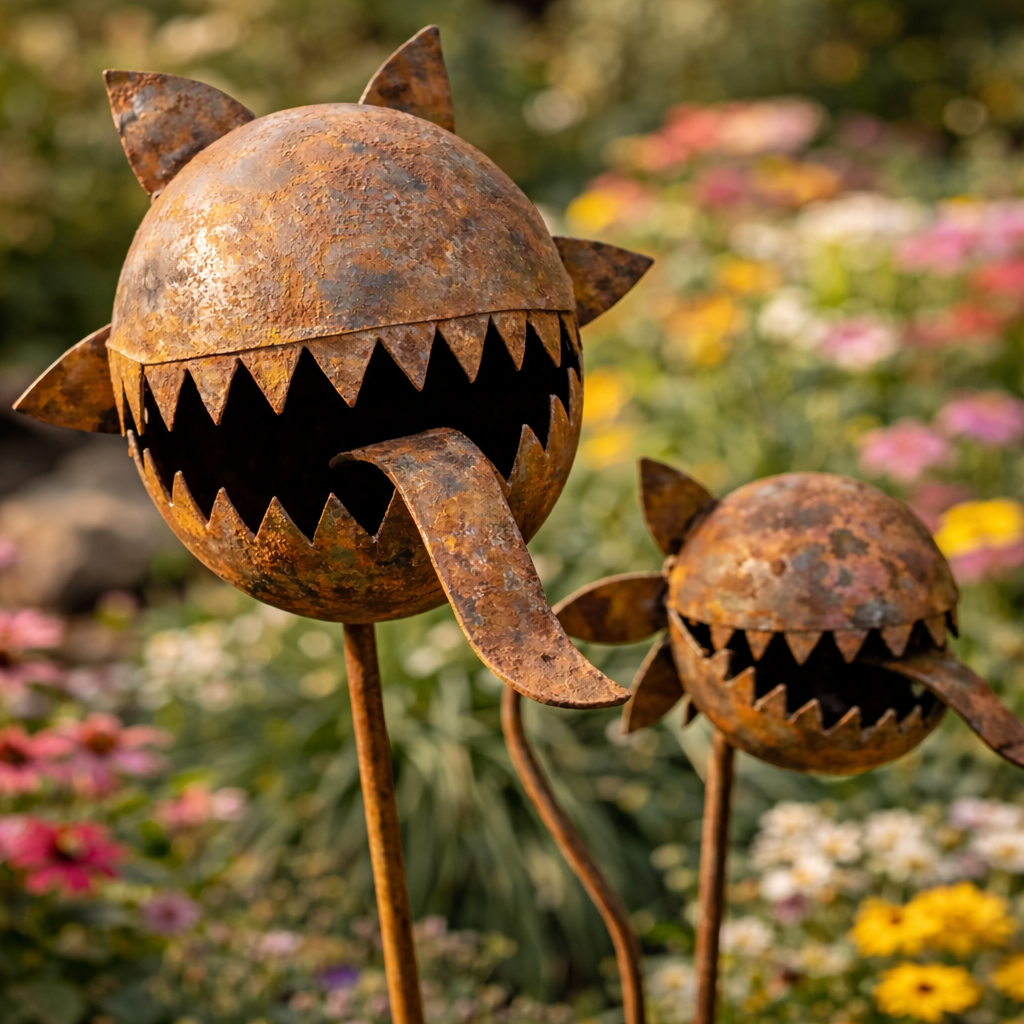Rustic Metal Piranha Plant Garden Stake Set – Whimsical Outdoor Garden Décor
