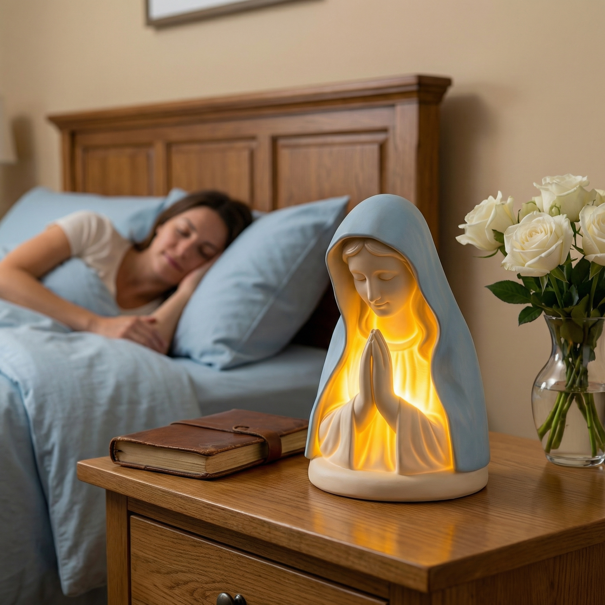 Virgin Mary Prayer Night Light – Battery-Operated Resin Religious Décor