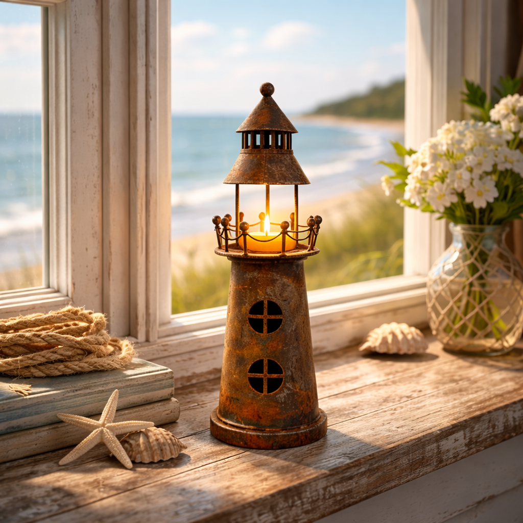 The Shoreline Beacon: Vintage Rusted Iron Lighthouse Candle Holder