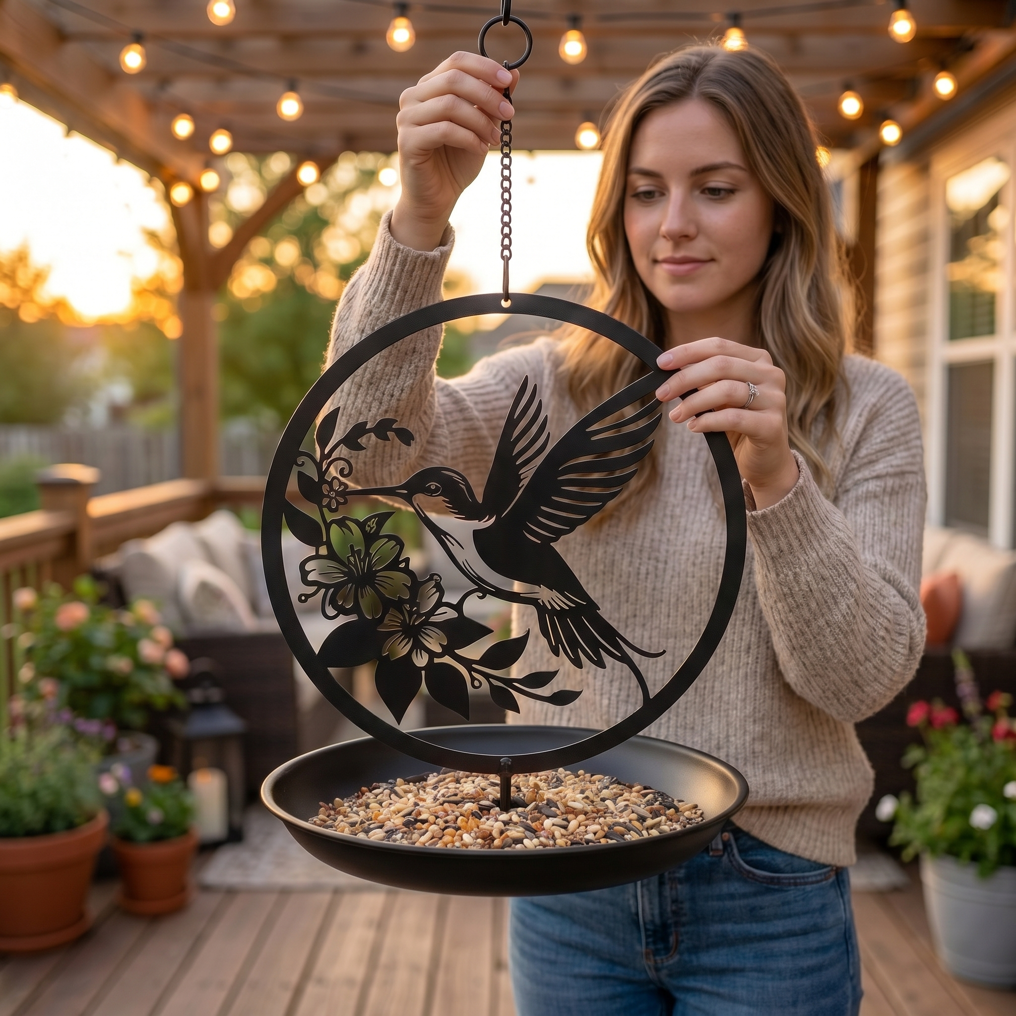 Hummingbird Metal Hanging Bird Feeder Garden Ornament