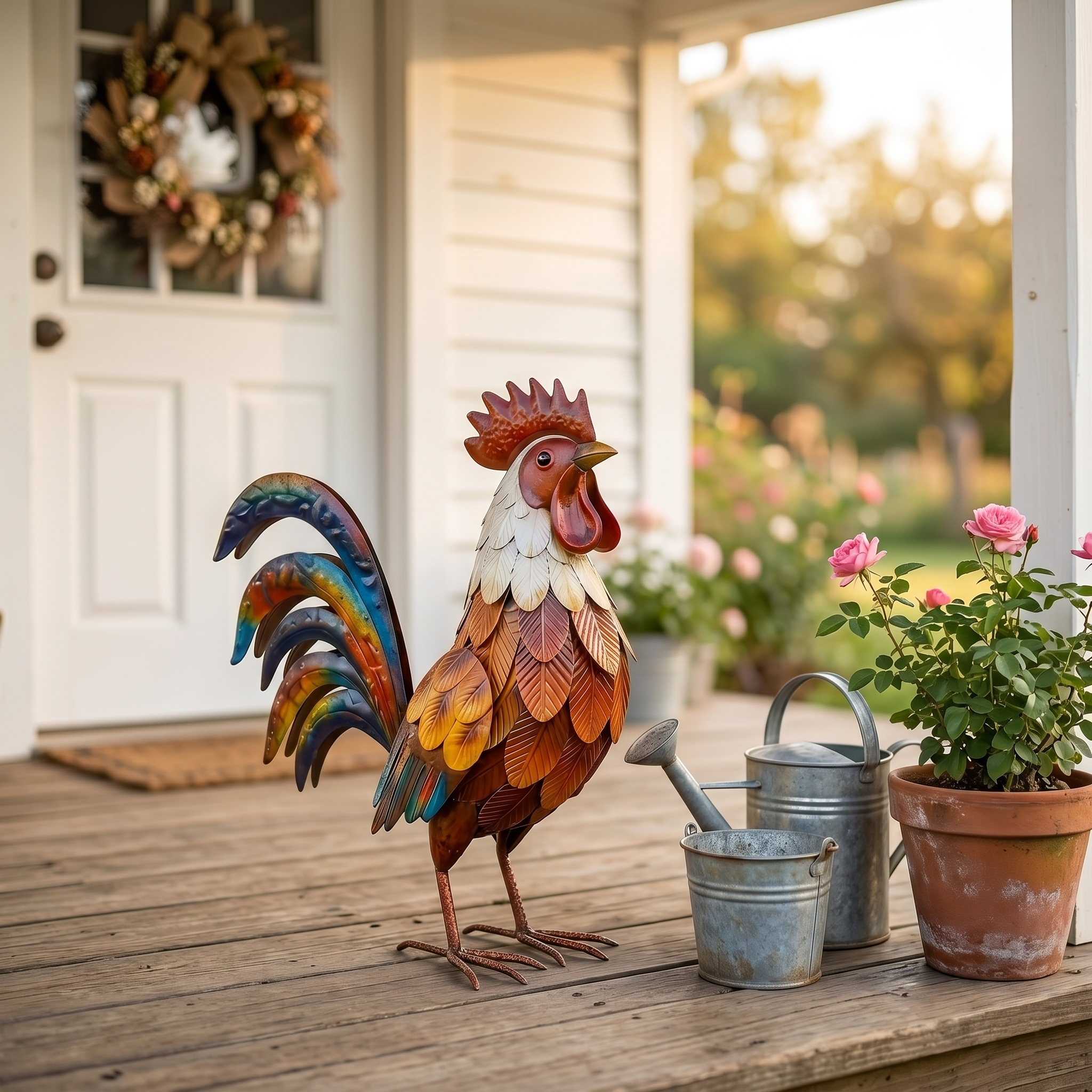 Colourful Rustic Iron Rooster | Farmhouse Garden Sculpture & Outdoor Ornament