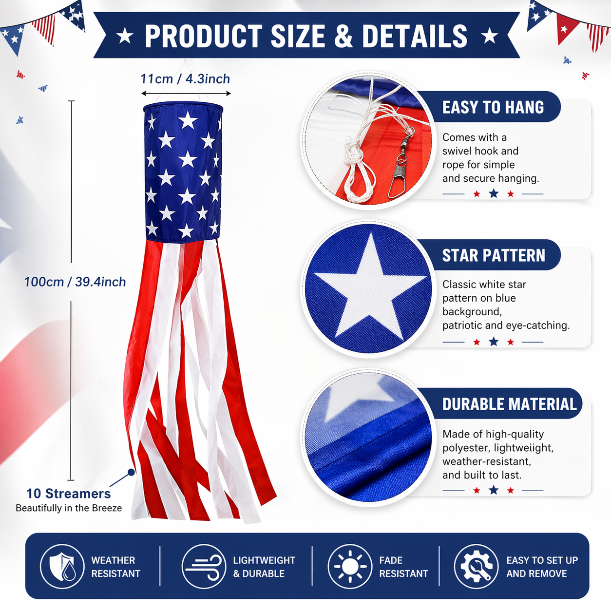Patriotic LED American Flag Windsock – Weatherproof Garden Hanging Decor