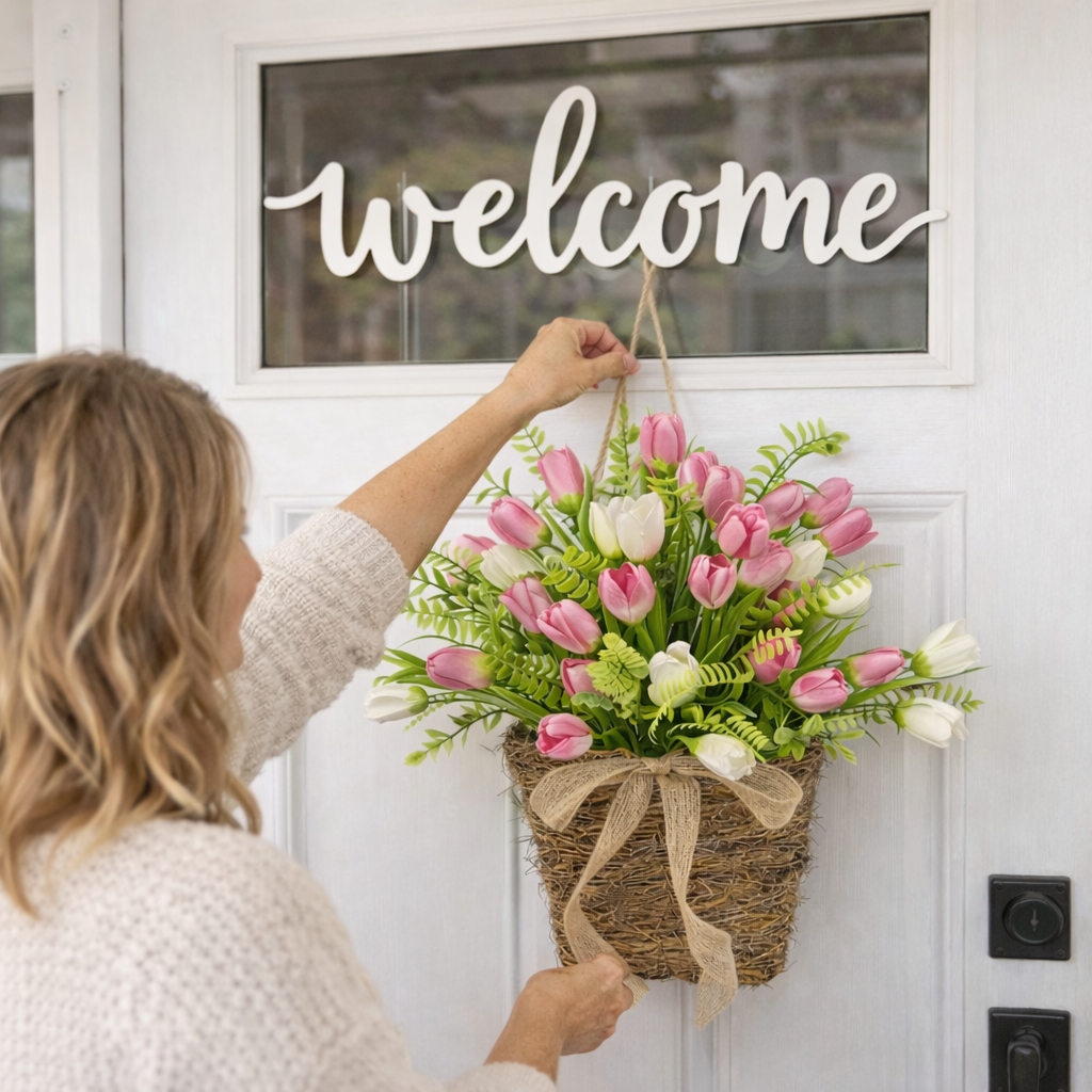 Spring Faux Tulip Hanging Basket for Front Door, Porch & Entryway Decor