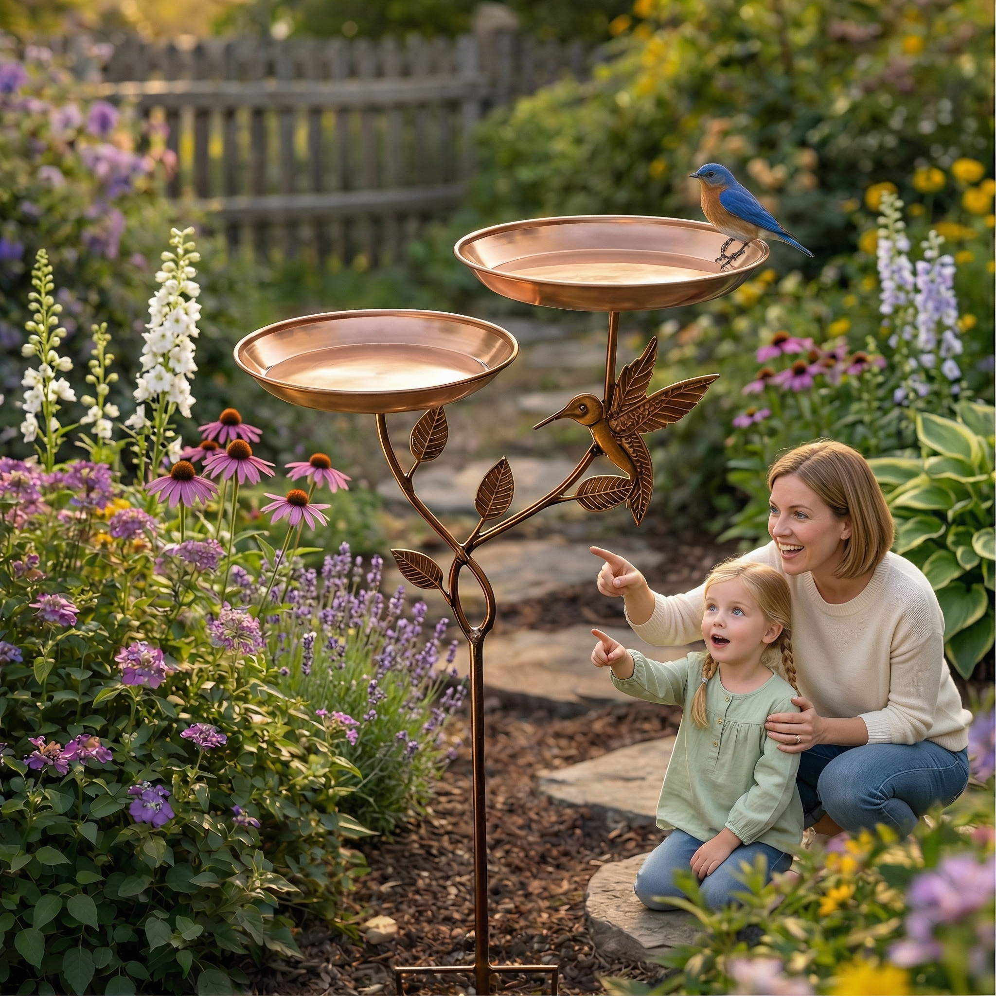 Copper Bird Bath & Feeder Stake with Hummingbird Design