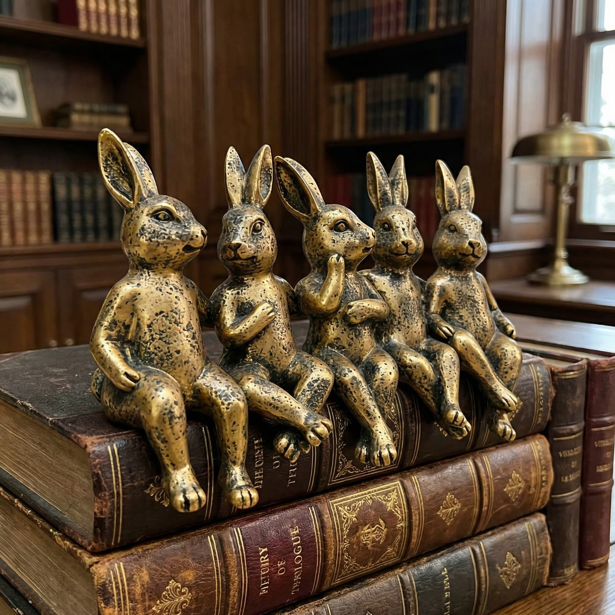 Vintage Golden Sitting Bunny Figurines – Set of 5 Easter Table Edge Decor