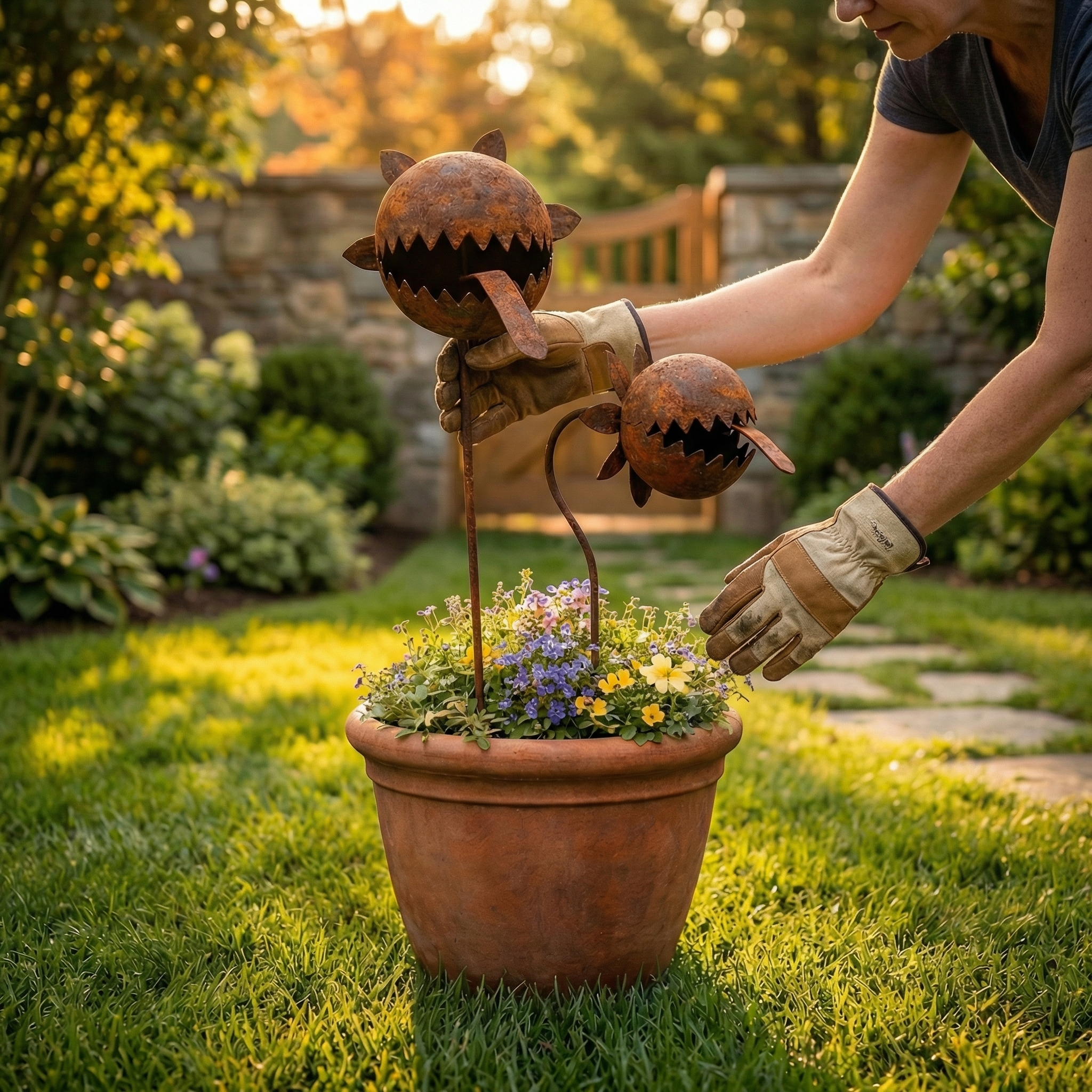 Rustic Metal Piranha Plant Garden Stake Set – Whimsical Outdoor Garden Décor