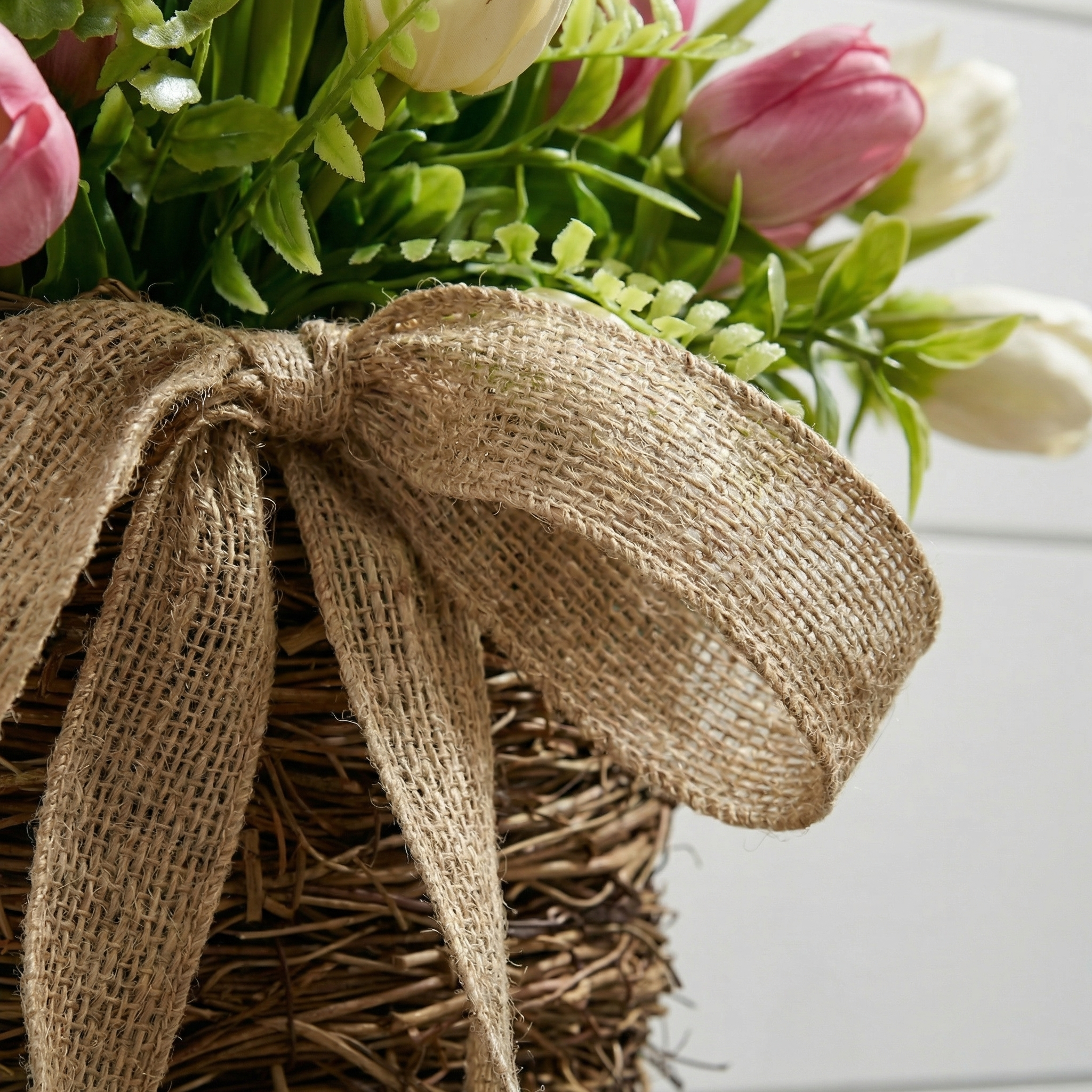 Spring Faux Tulip Hanging Basket for Front Door, Porch & Entryway Decor