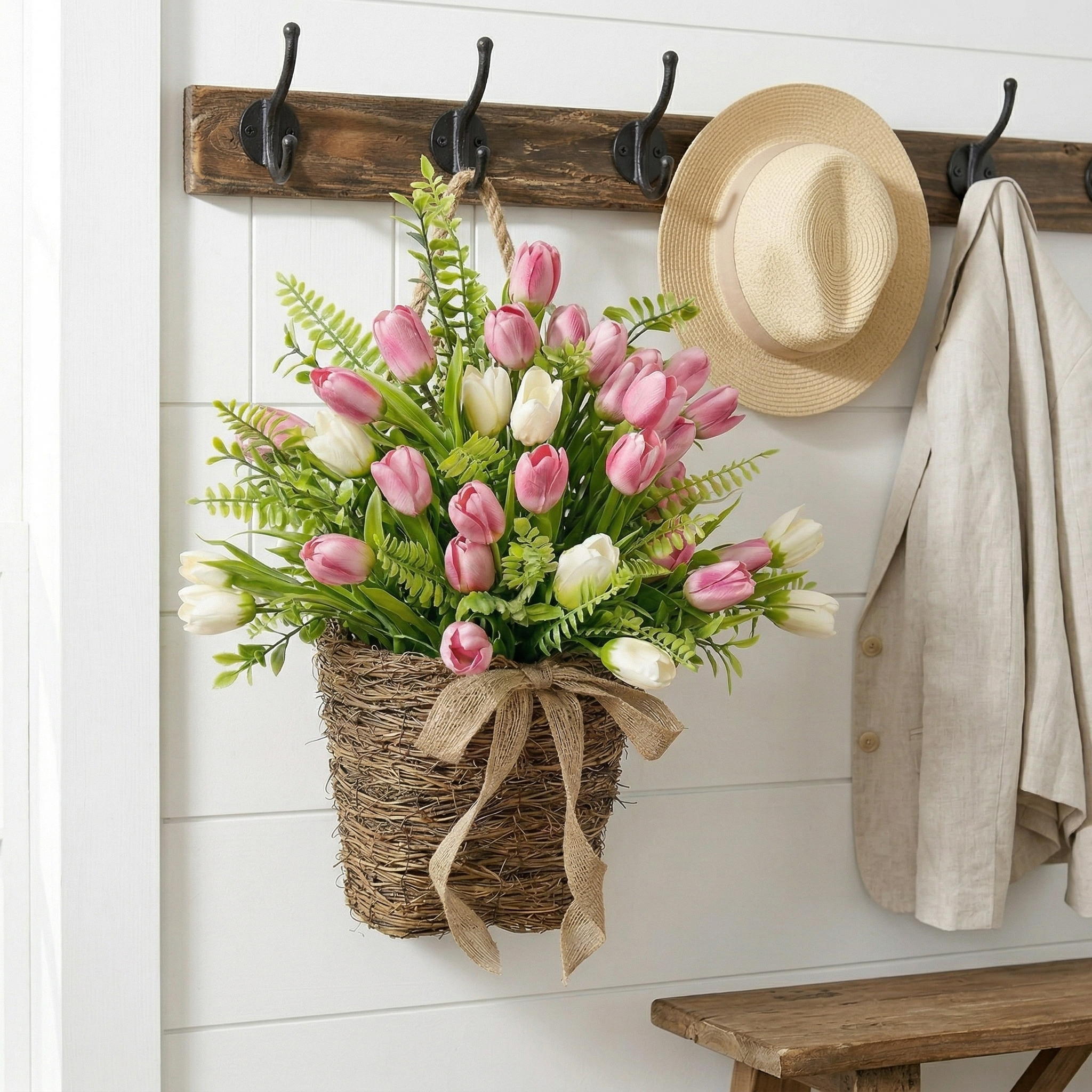 Spring Faux Tulip Hanging Basket for Front Door, Porch & Entryway Decor