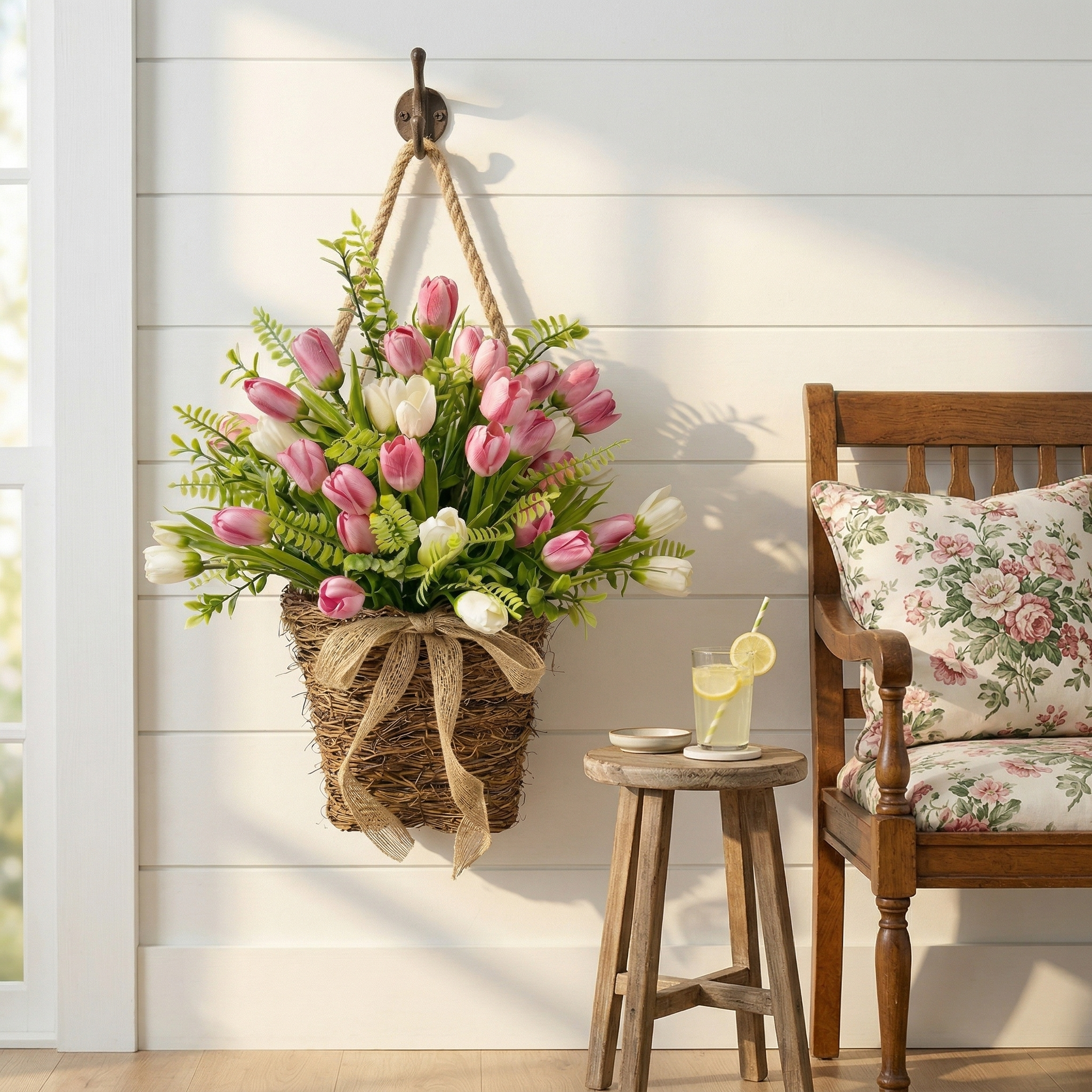 Spring Faux Tulip Hanging Basket for Front Door, Porch & Entryway Decor