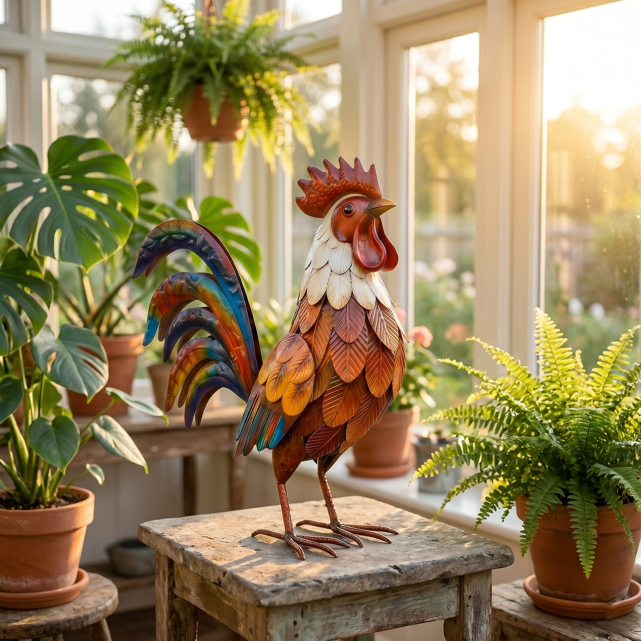 Colourful Rustic Iron Rooster | Farmhouse Garden Sculpture & Outdoor Ornament