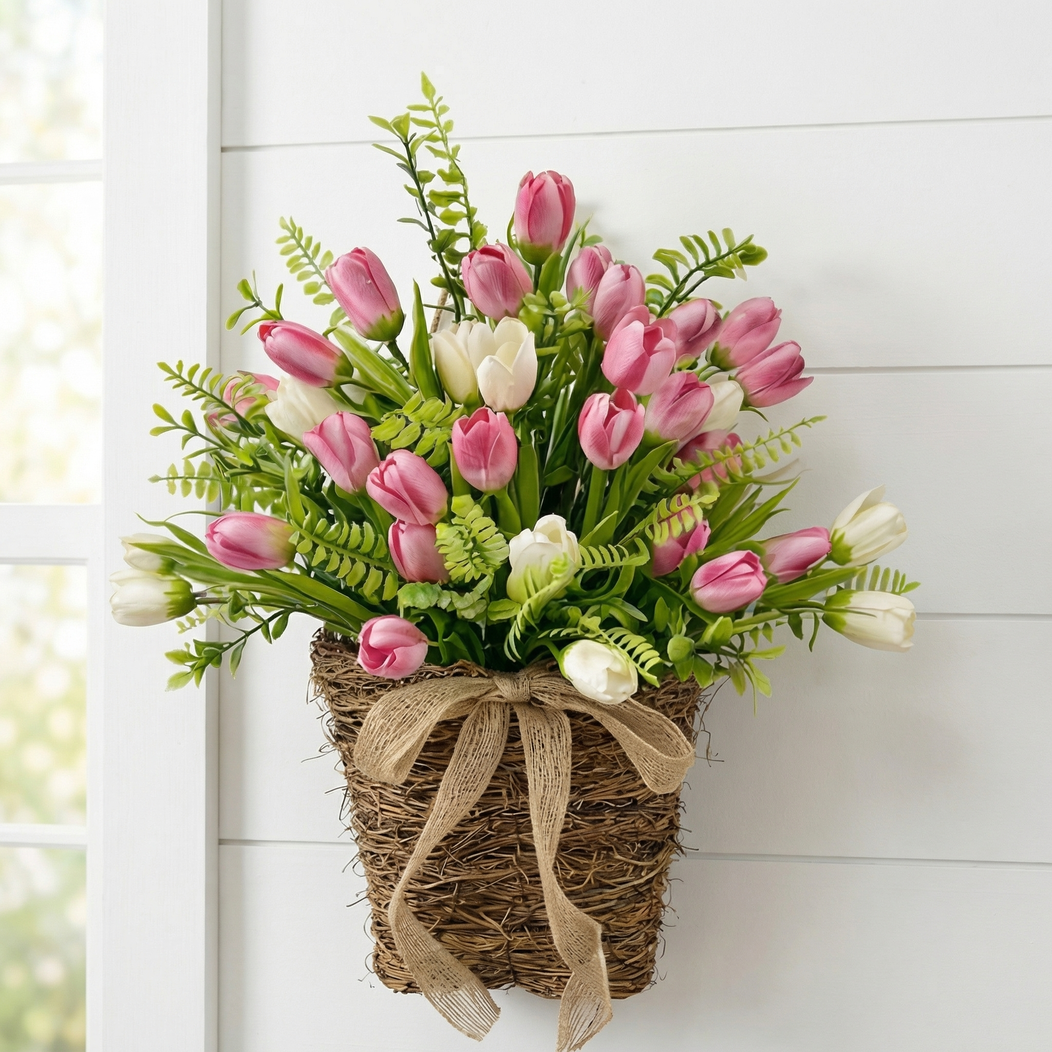 Spring Faux Tulip Hanging Basket for Front Door, Porch & Entryway Decor