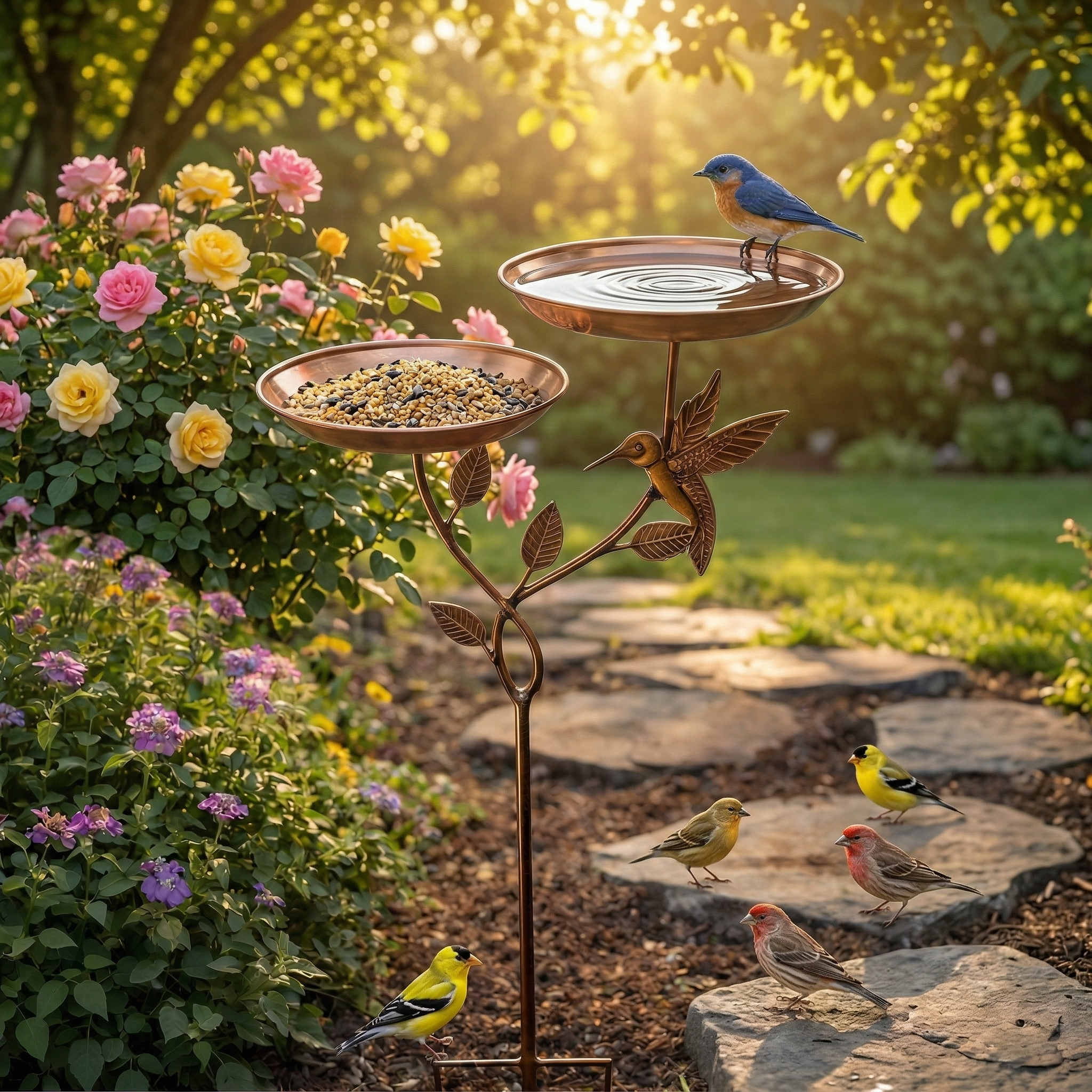 Copper Bird Bath & Feeder Stake with Hummingbird Design